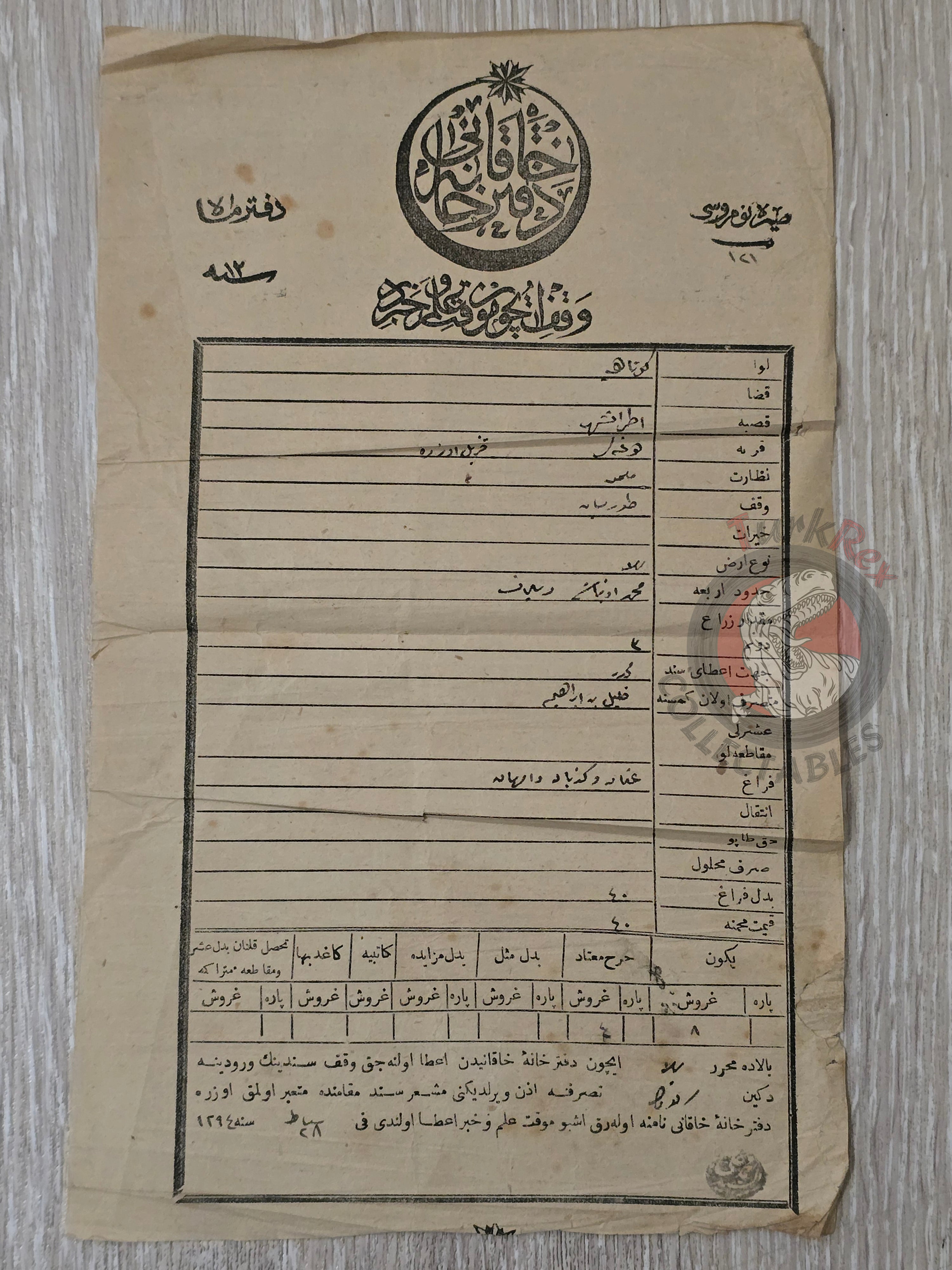 Ottoman 1879 Land Deed Kütahya Etrafşehir Title Deed Agricultural Plot