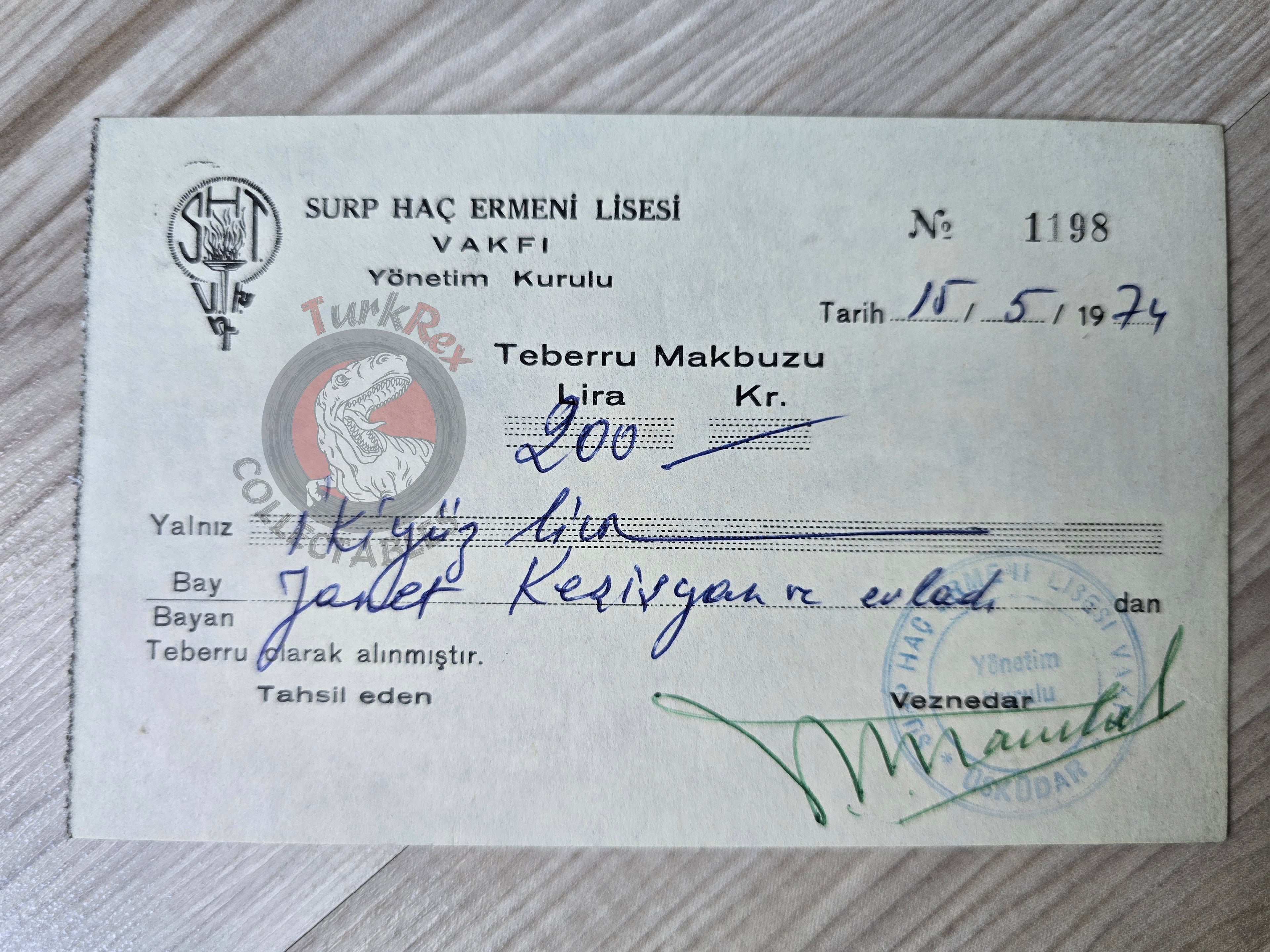 Donation Receipt to Surp Haç Armenian School Foundation Armenia Istanbul 1974