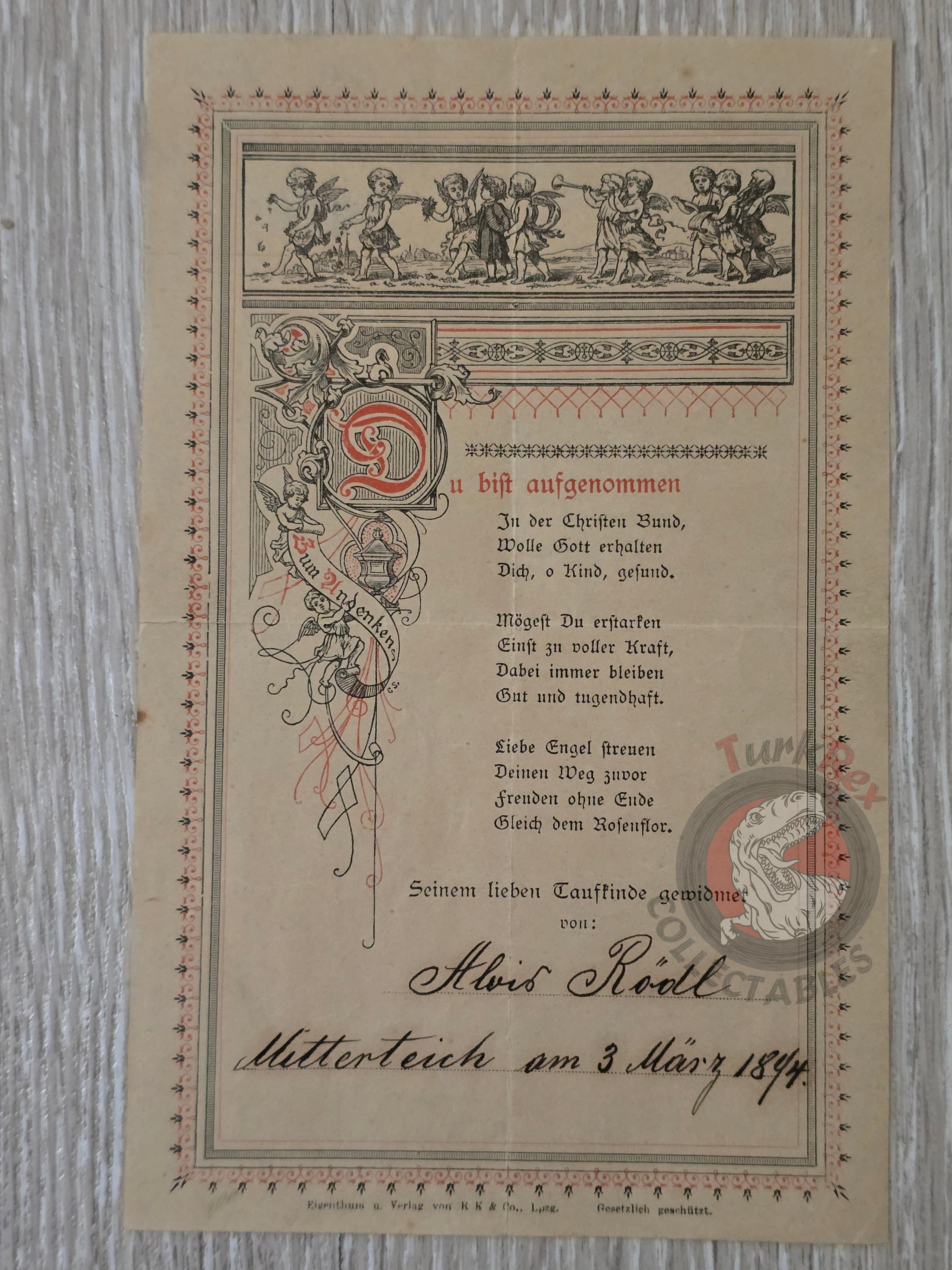 Antique 1894 Baptism Remembrance Memorial of Holy Baptism Bavaria Germany