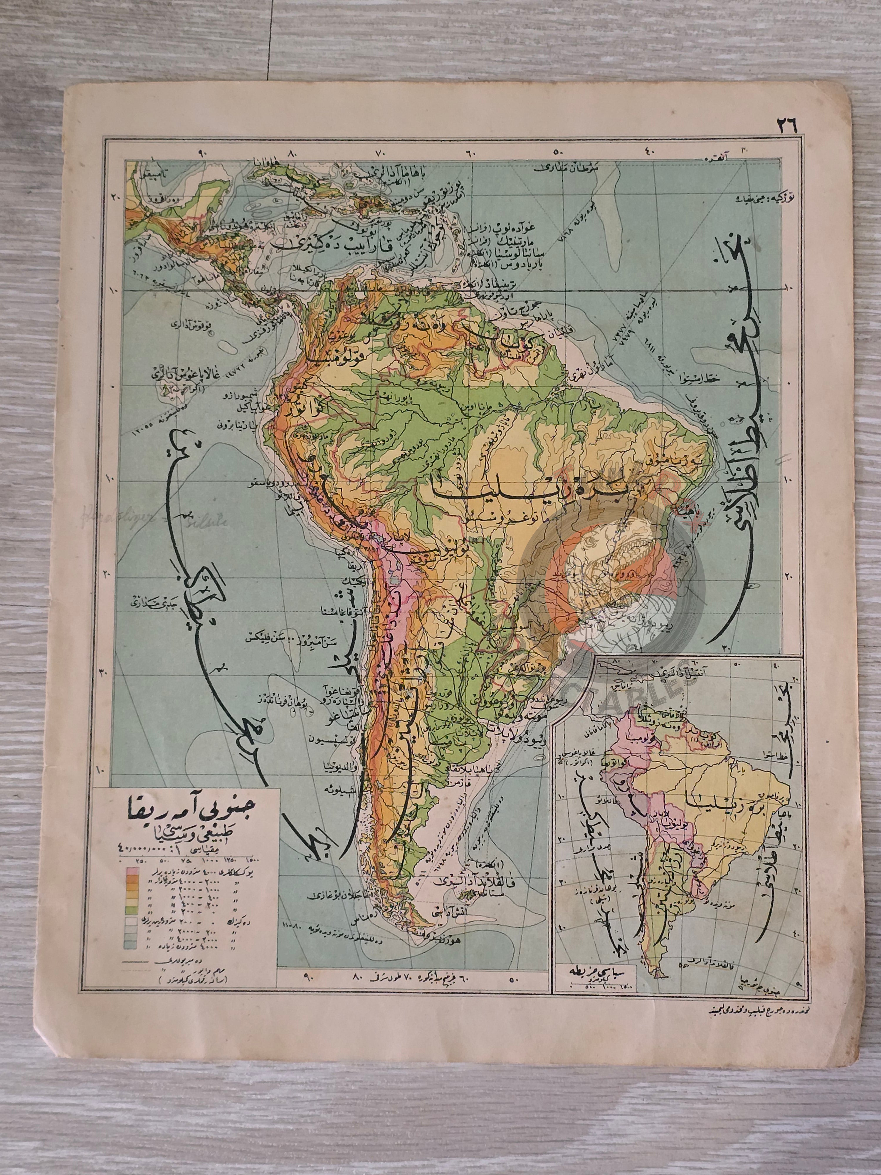 South America & Australia 1928 Ottoman Atlas Map Faik Sabri Physical and Political