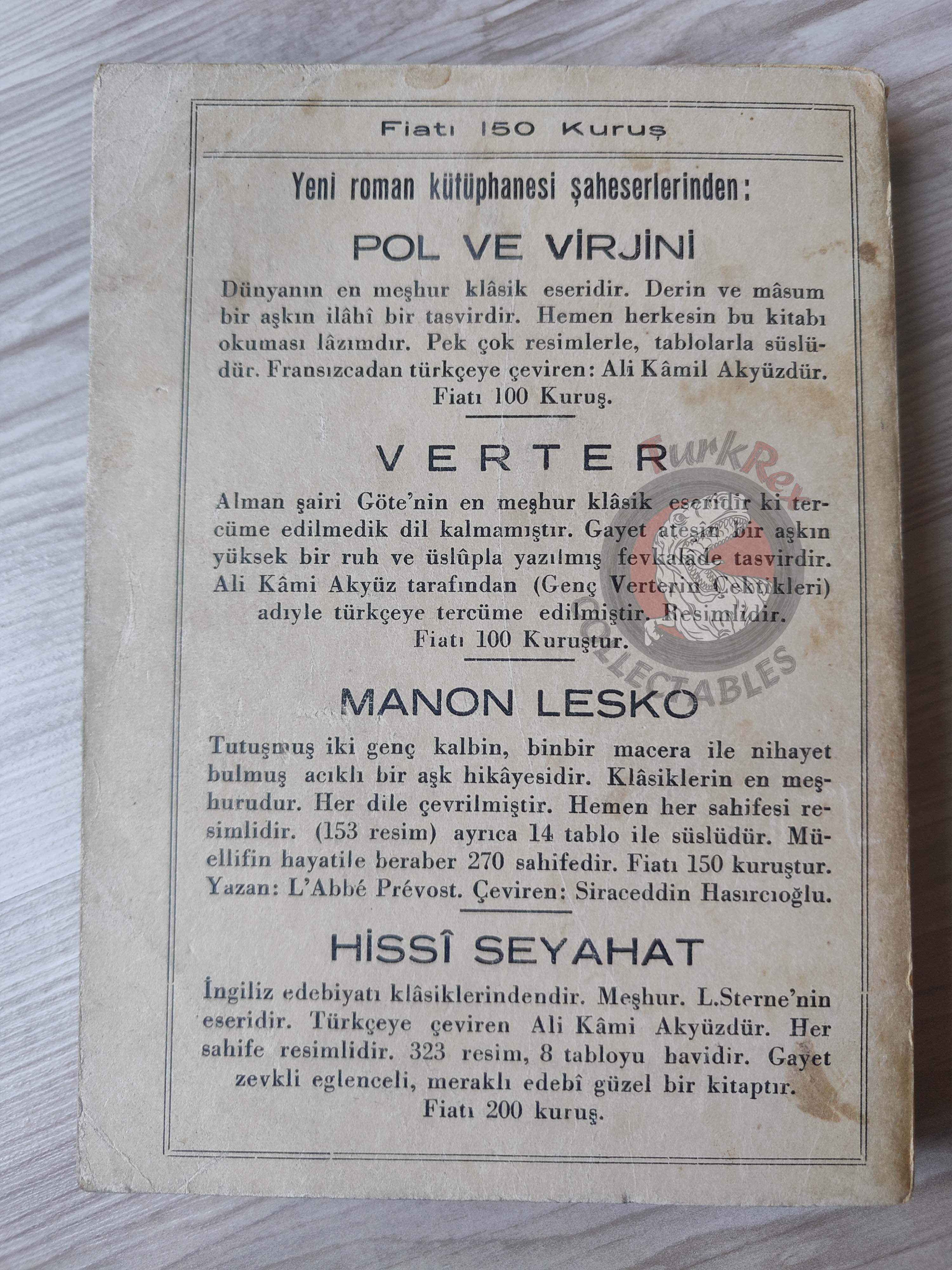 Antoine François Prévost – Manon Lescaut 1944 1st Illustrated Turkish Book Turkey