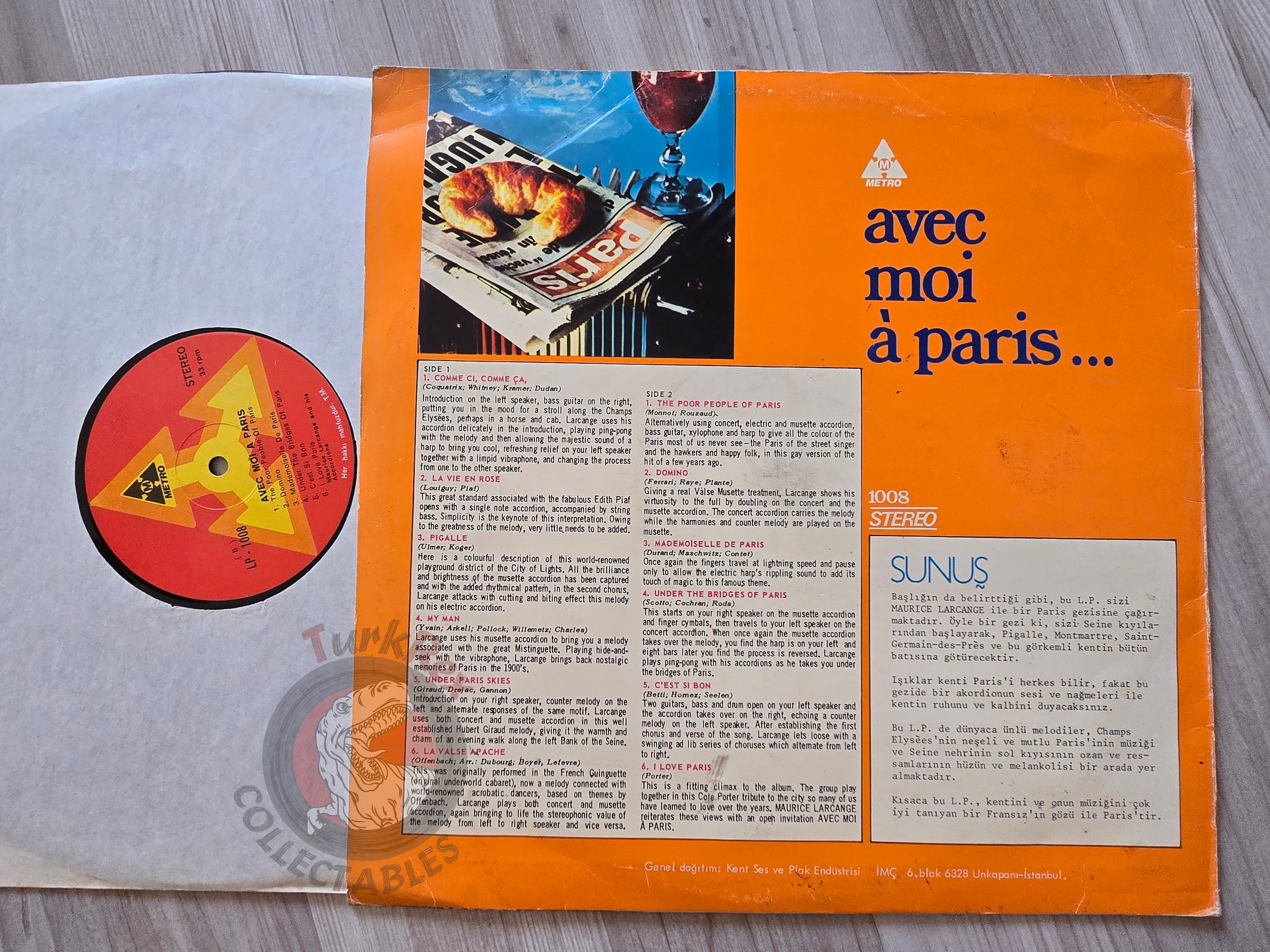 Maurice Larcange And His Accordions – Avec Moi A Paris... Turkish Pressing Vinyl Turkey Edition
