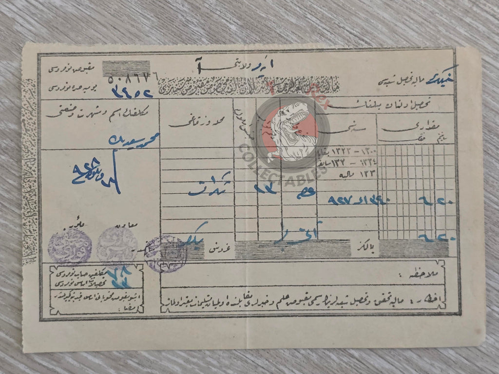 Ottoman 1928 Tax Receipt for Land Tax Payment İzmir Turkish Turkey