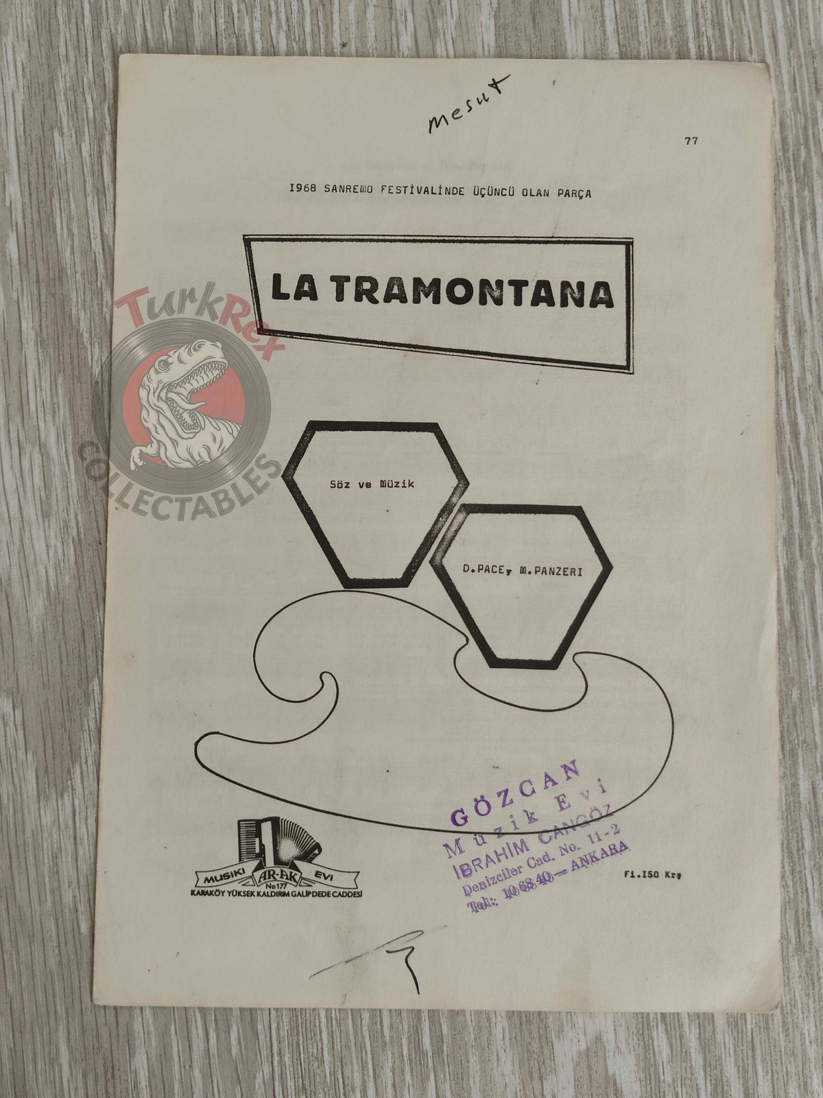 Antoine & Gianni Pettenati – La Tramontana Turkish Vintage Musical Notes Sheet Turkey Sanremo