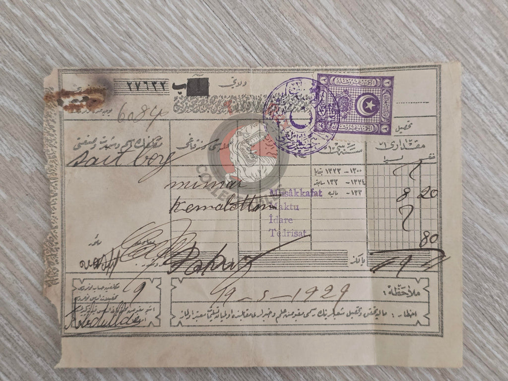Ottoman 1929 Tax Receipt for Property Tax Payment İstanbul Turkish Turkey