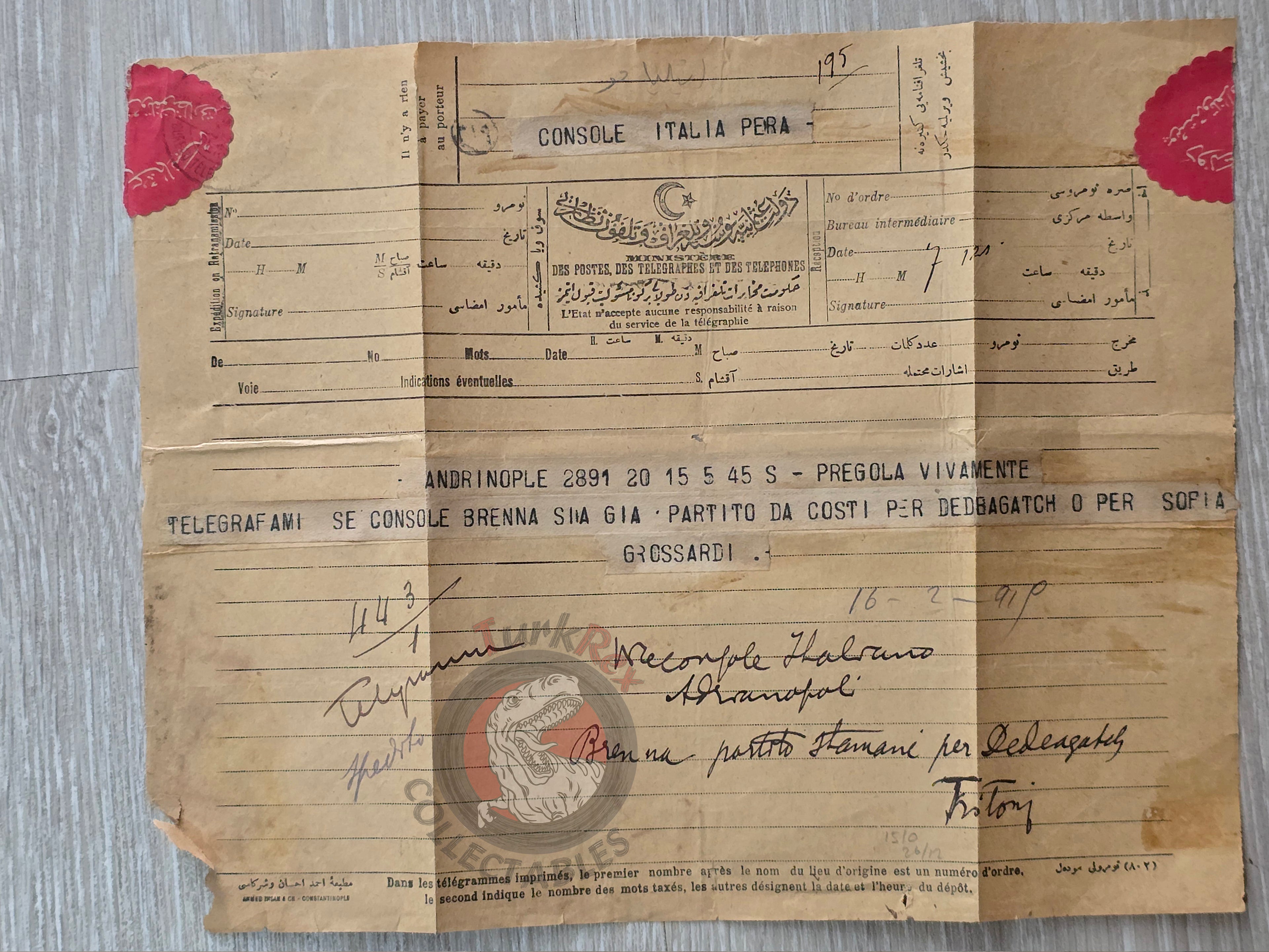 Ottoman Era Italian Diplomatic Telegram Consul Brenna Italian Consulate Italy Istanbul
