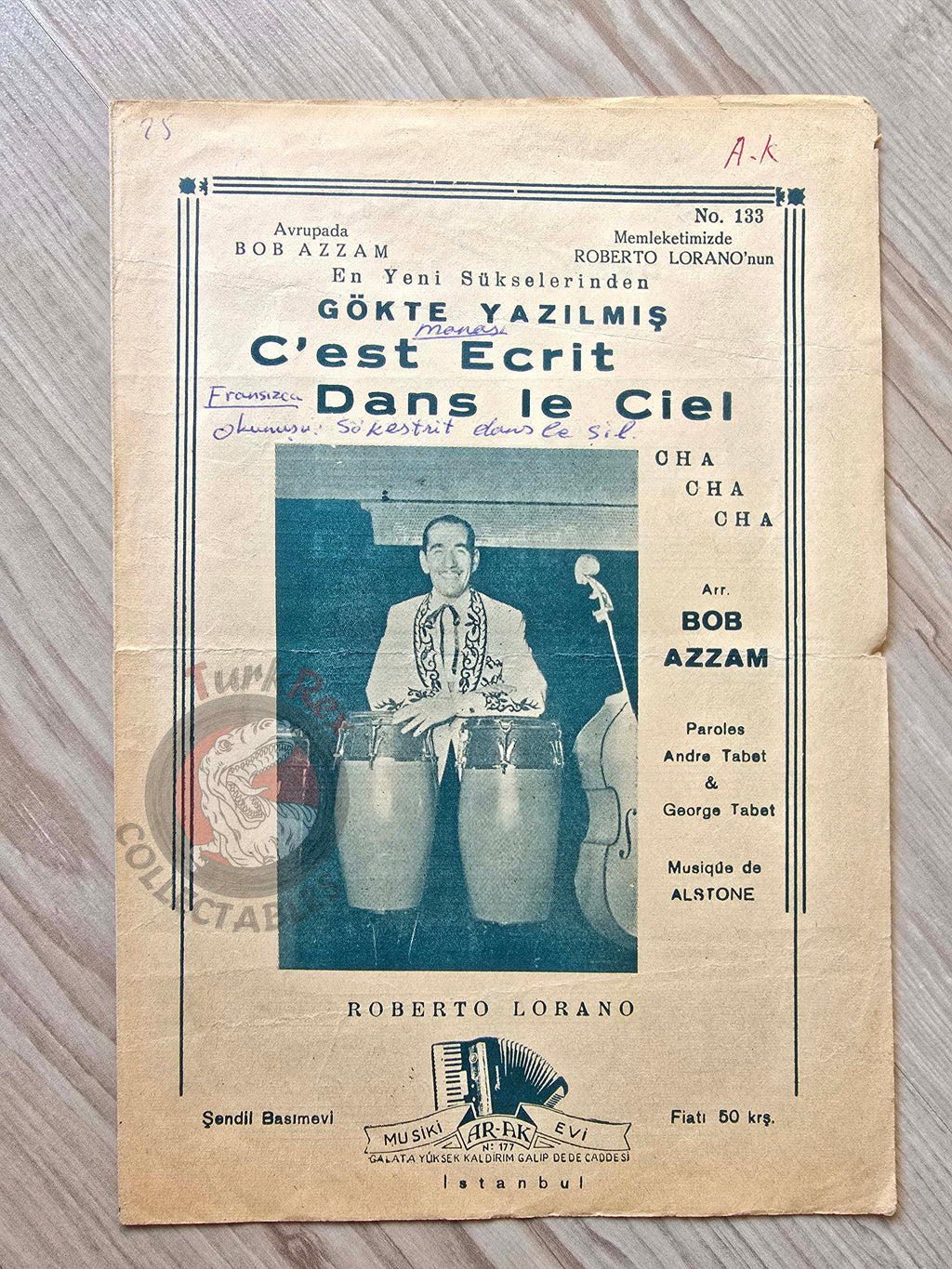 Bob Azzam – C’est Écrit dans le Ciel Turkish Vintage Musical Notes Sheet Turkey