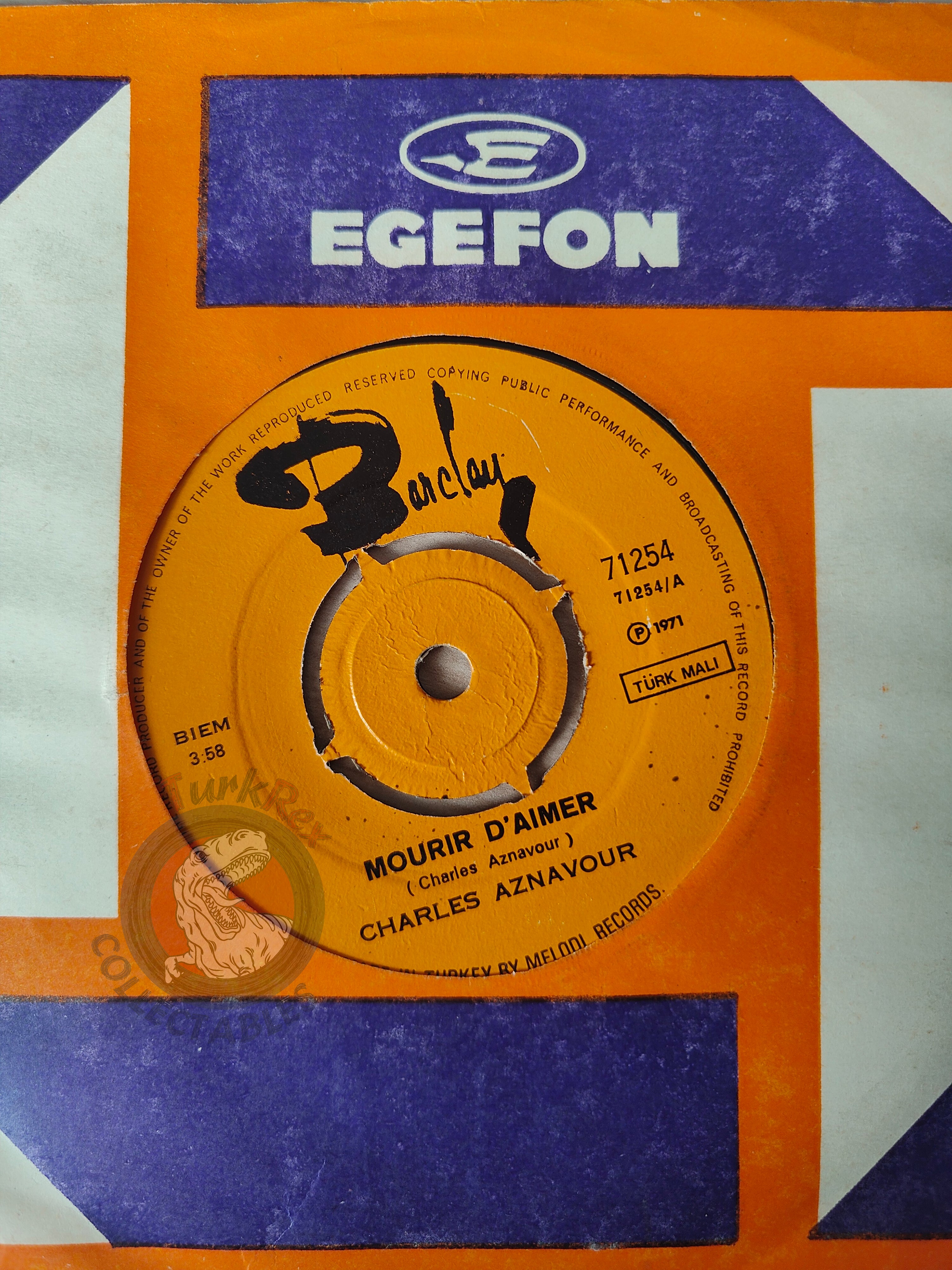 Charles Aznavour – Mourir D'Aimer 7" Turkish Pressing Vinyl Turkey Edition