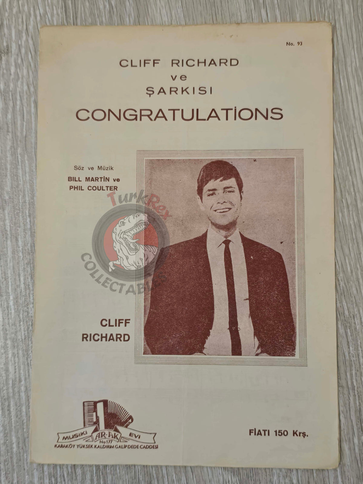 Cliff Richard – Congratulations Turkish Vintage Musical Notes Sheet Turkey The Shadows