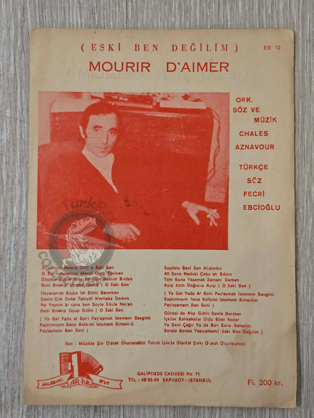 Charles Aznavour – Mourir d’Aimer Turkish Vintage Musical Notes Sheet Turkey