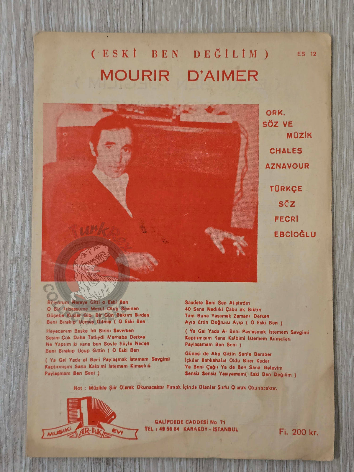Charles Aznavour – Mourir d’Aimer Turkish Vintage Musical Notes Sheet Turkey