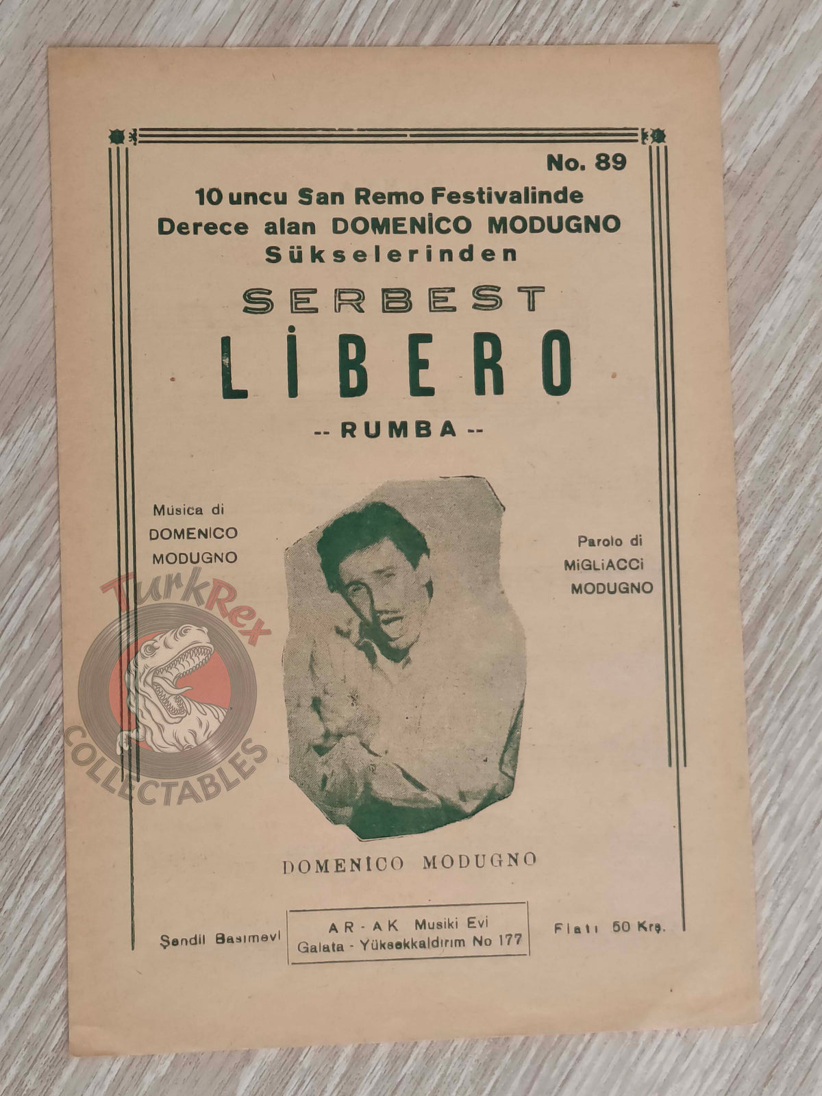 Domenico Modugno – Libero Turkish Vintage Musical Notes Sheet Turkey Sanremo