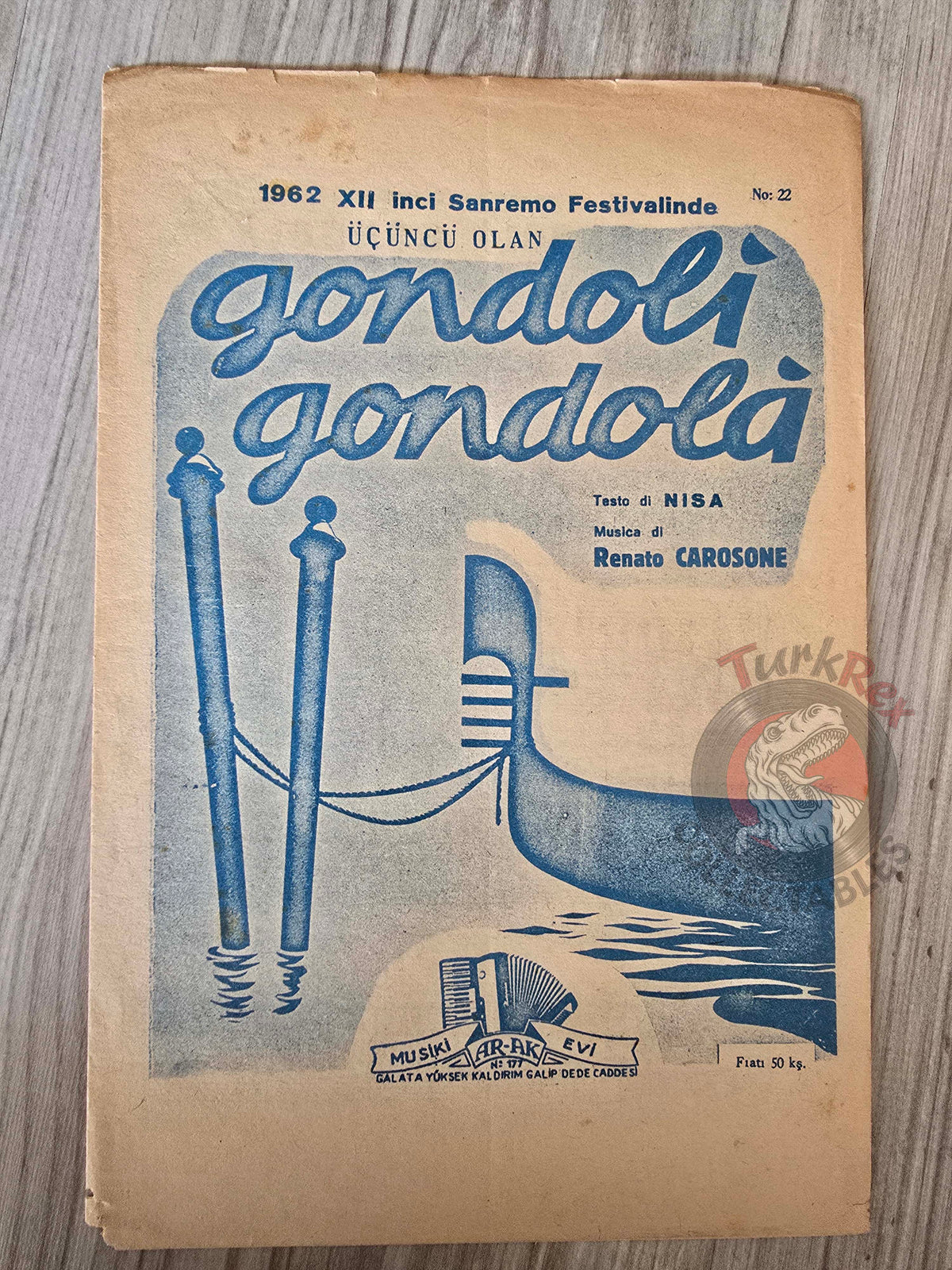 Sergio Bruni – Gondoli Gondola Turkish Vintage Musical Notes Sheet Turkey Sanremo