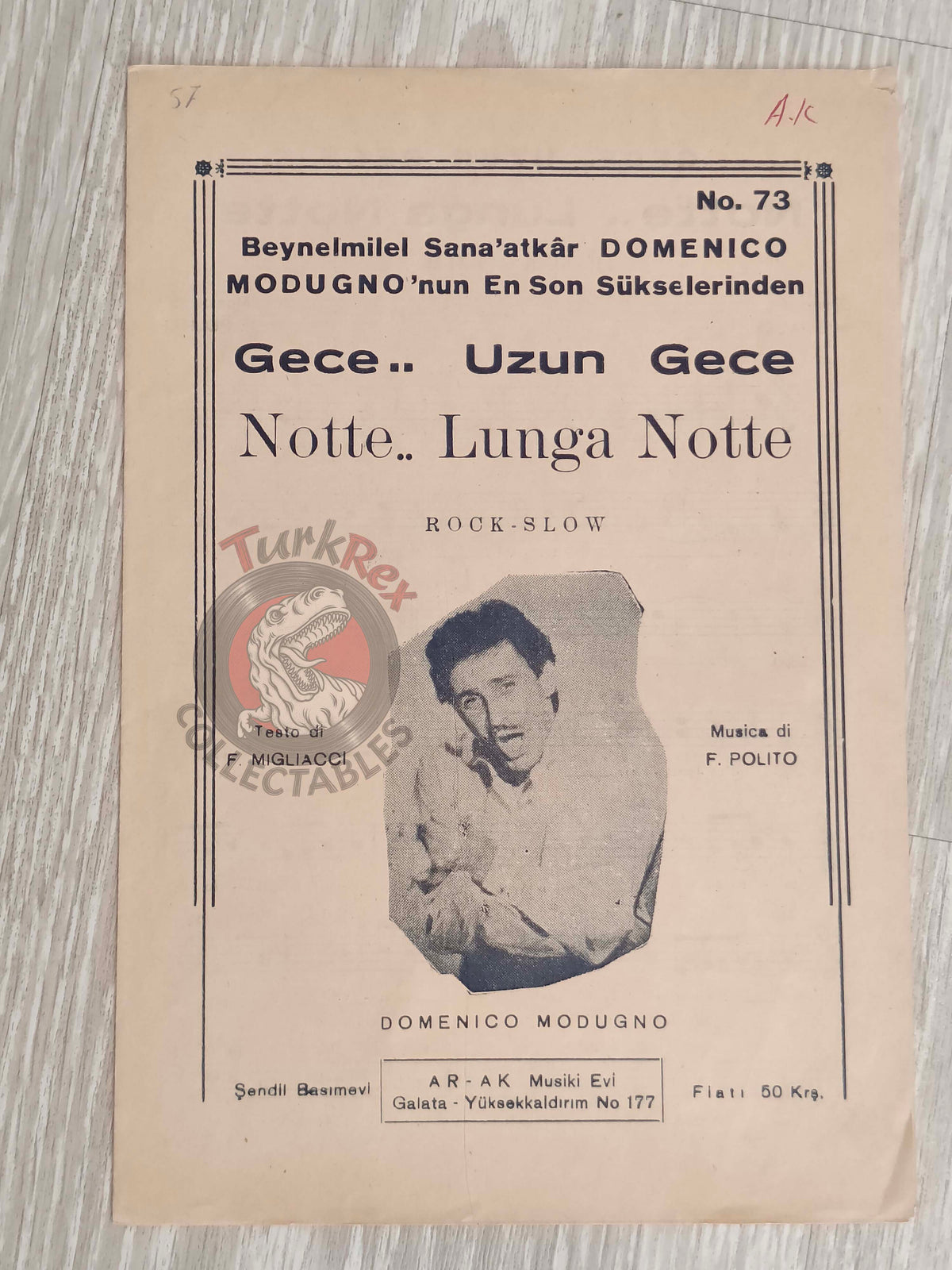 Domenico Modugno – Notte Lunga Notte Turkish Vintage Musical Notes Sheet Turkey