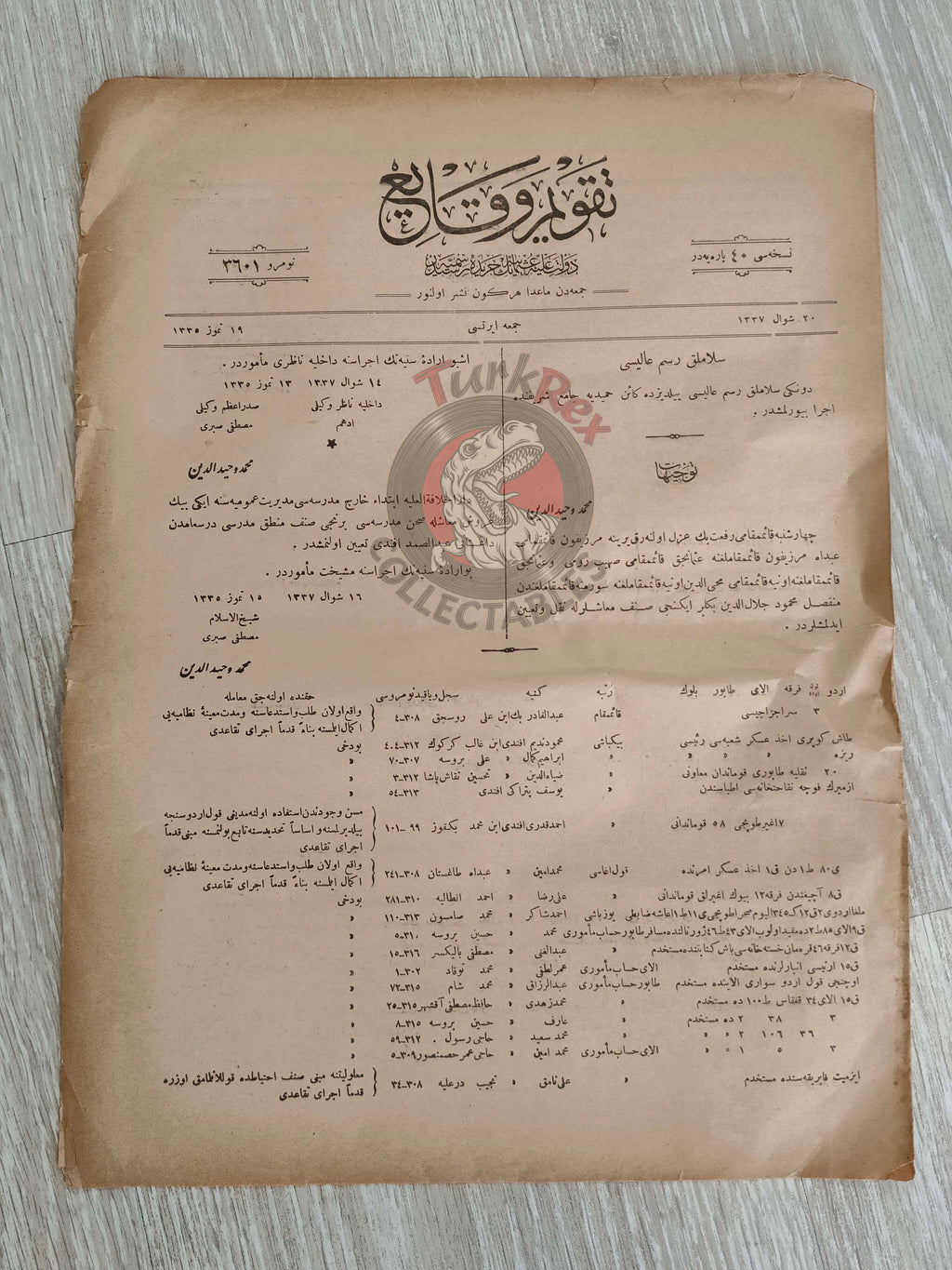 Takvim-i Vekayi Official Ottoman Gazette 19 July 1919 Empire No 3601