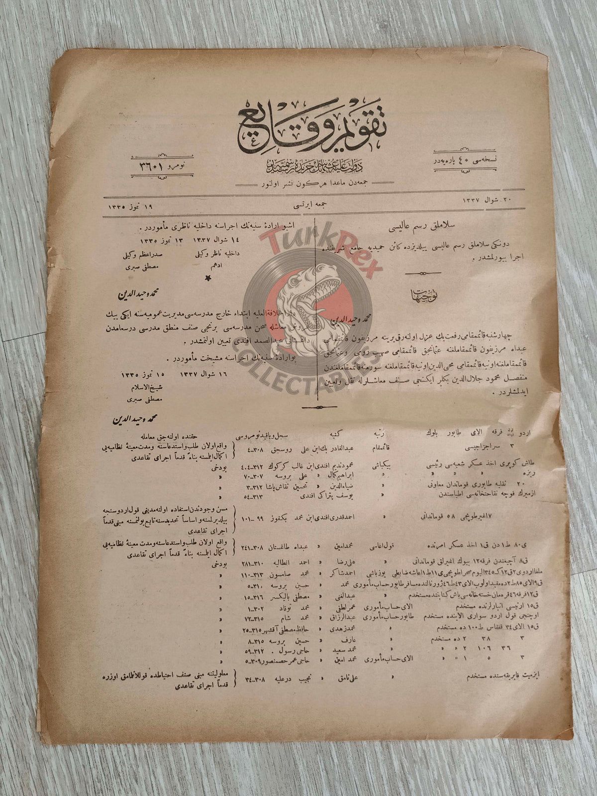 Takvim-i Vekayi Official Ottoman Gazette 19 July 1919 Empire No 3601