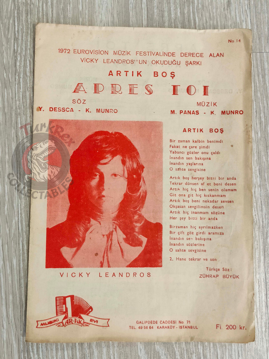 Vicky Leandros – Après Toi Turkish Vintage Musical Notes Sheet Turkey Eurovision