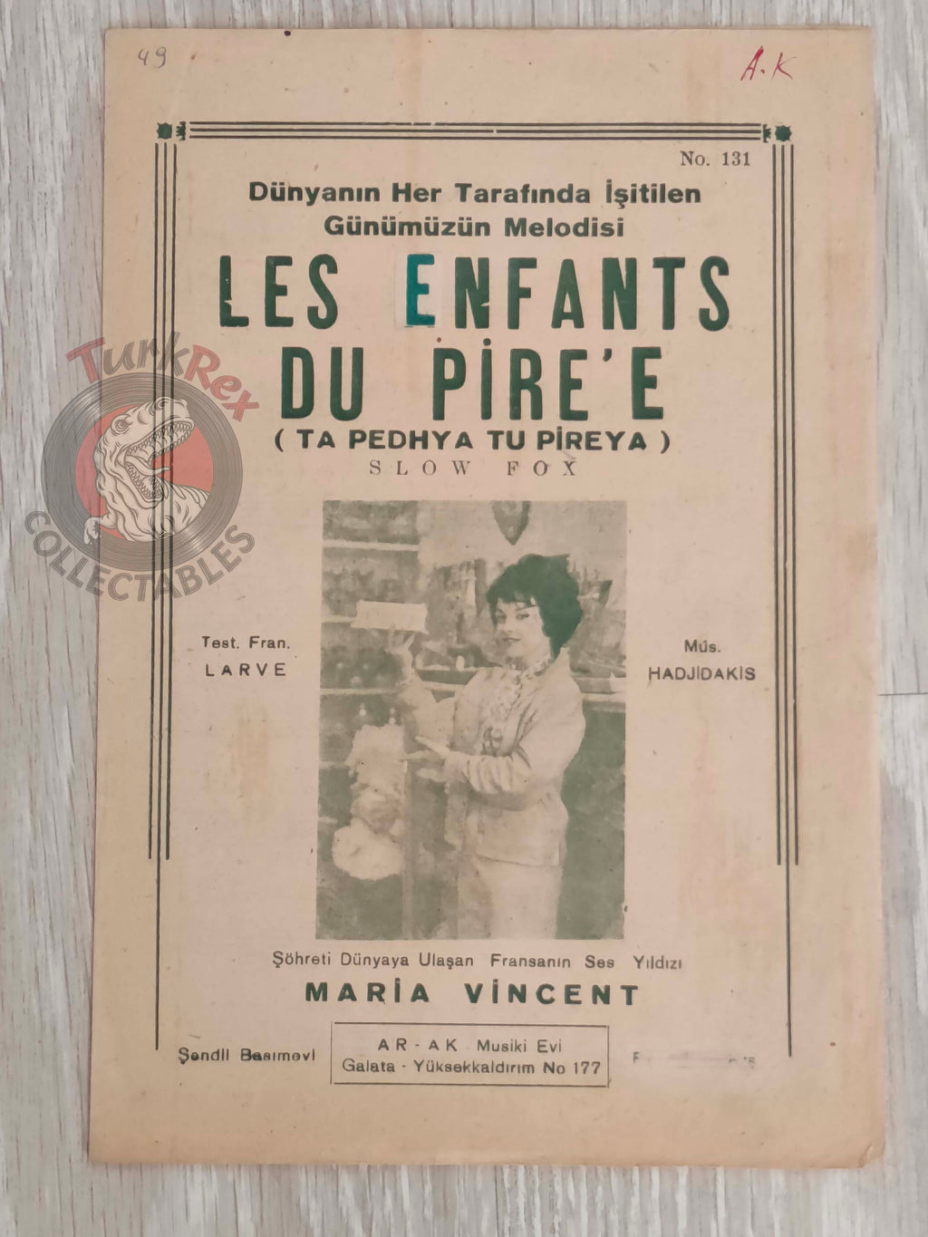 Maria Vincent – Les Enfants du Pirée Turkish Vintage Musical Notes Sheet Turkey