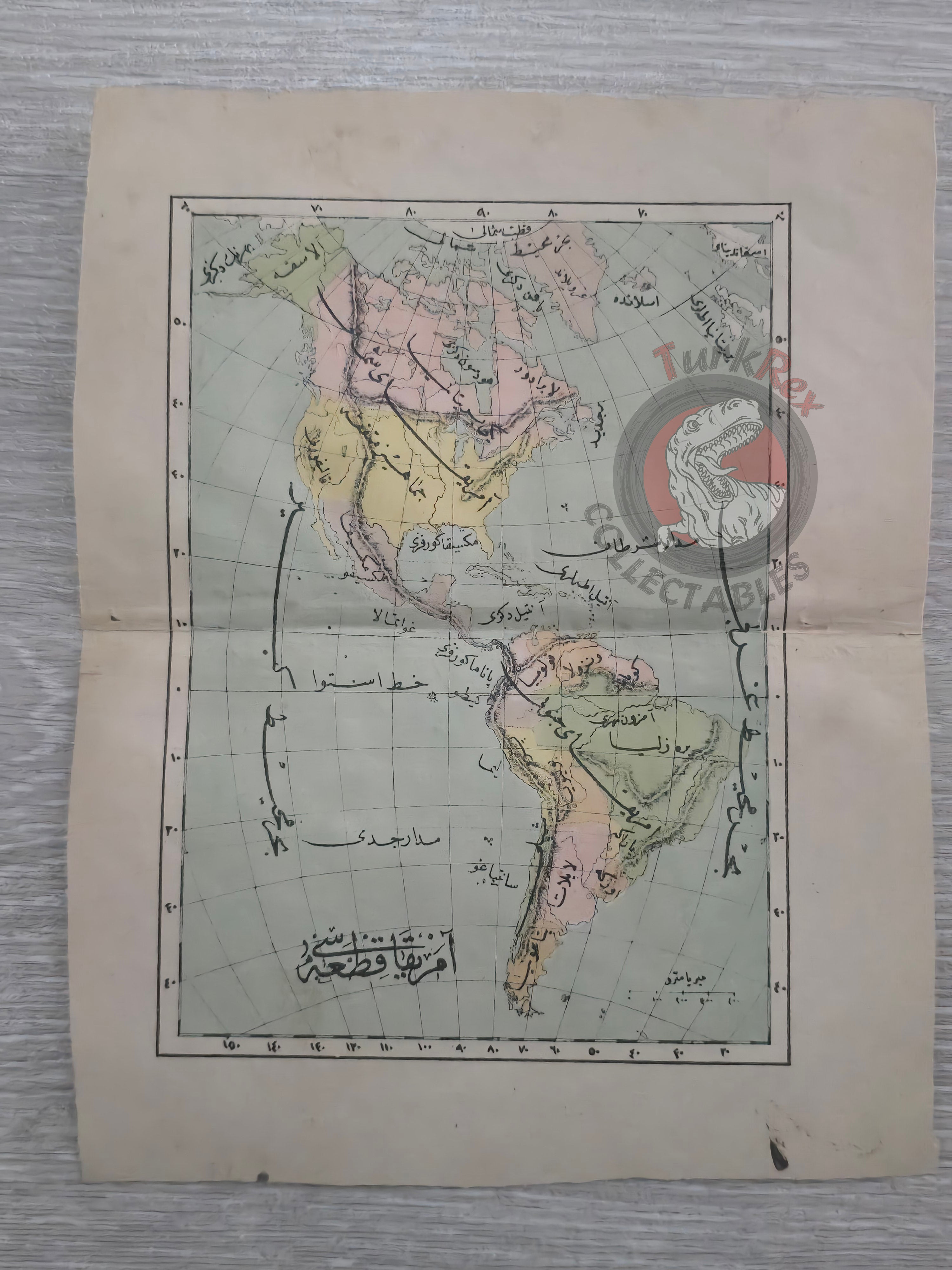 America North and South 1876 Ottoman Script Map Empire USA Canada Mexico Brazil
