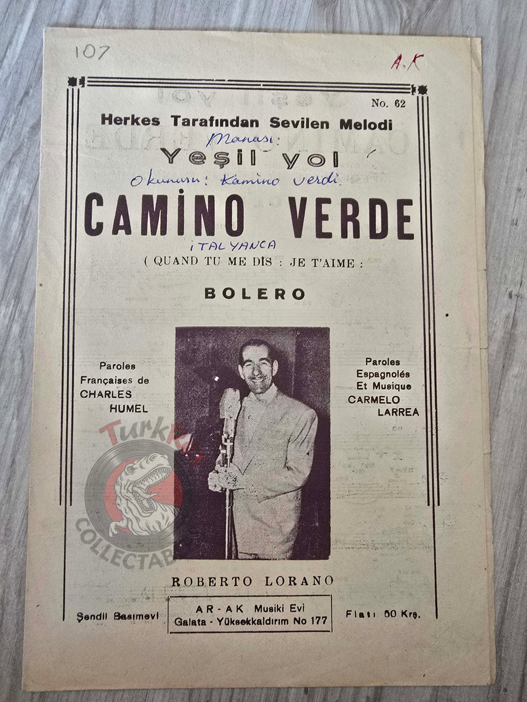 Roberto Lorano – Camino Verde  Turkish Vintage Musical Notes Sheet Turkey