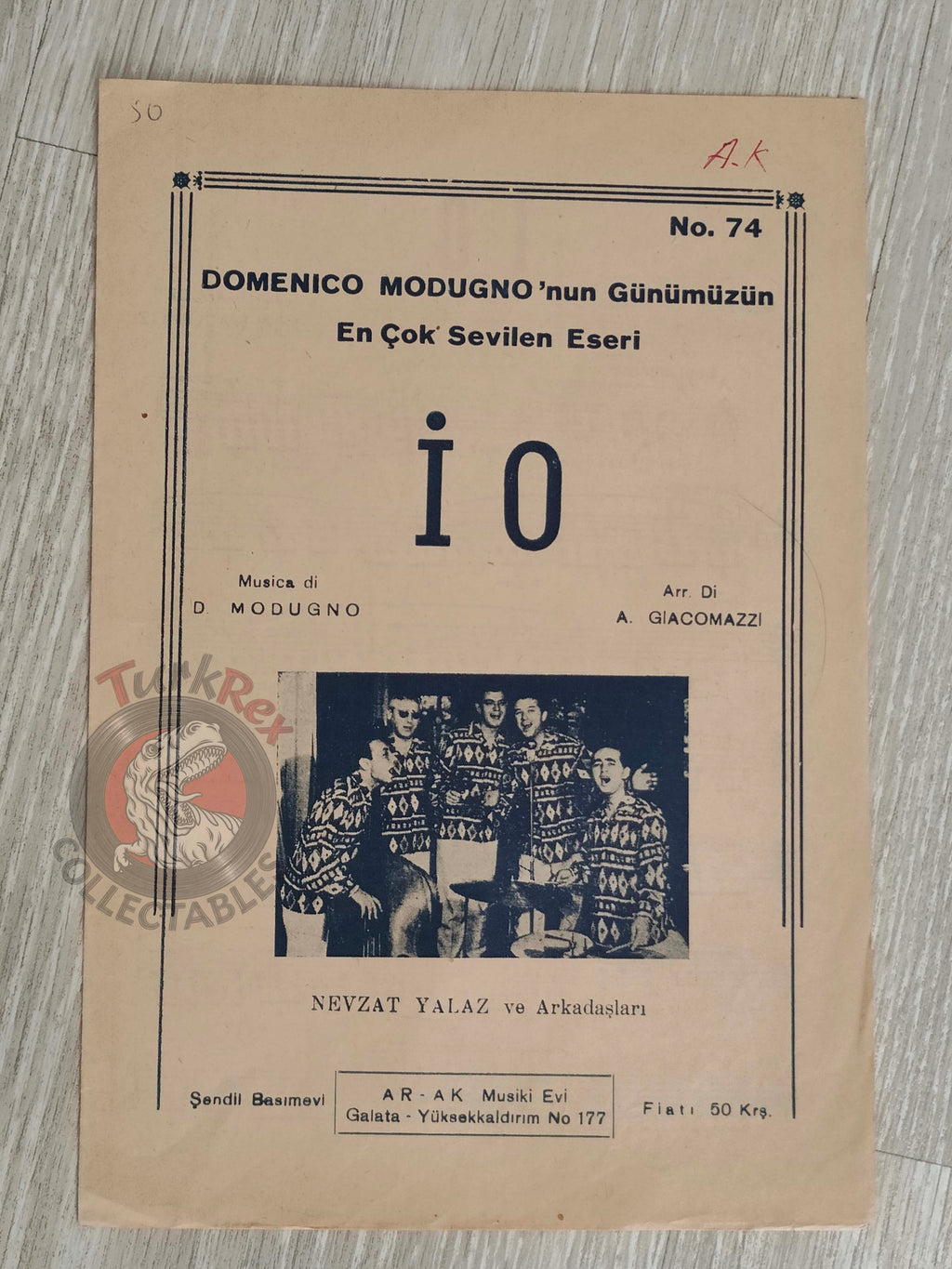 Domenico Modugno – Io Turkish Vintage Musical Notes Sheet Turkey