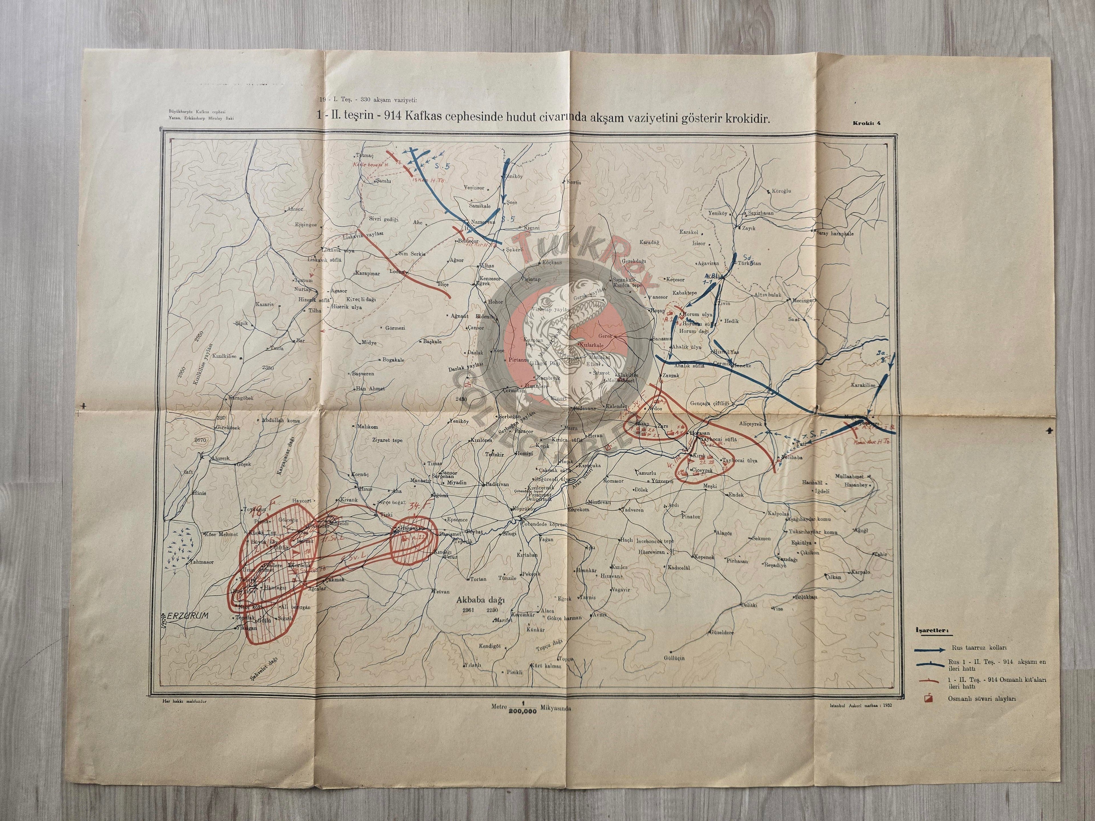 Caucasus Front in WWI November 1914 Ottoman Empire Military Map Russia Turkish 1932 Watermark