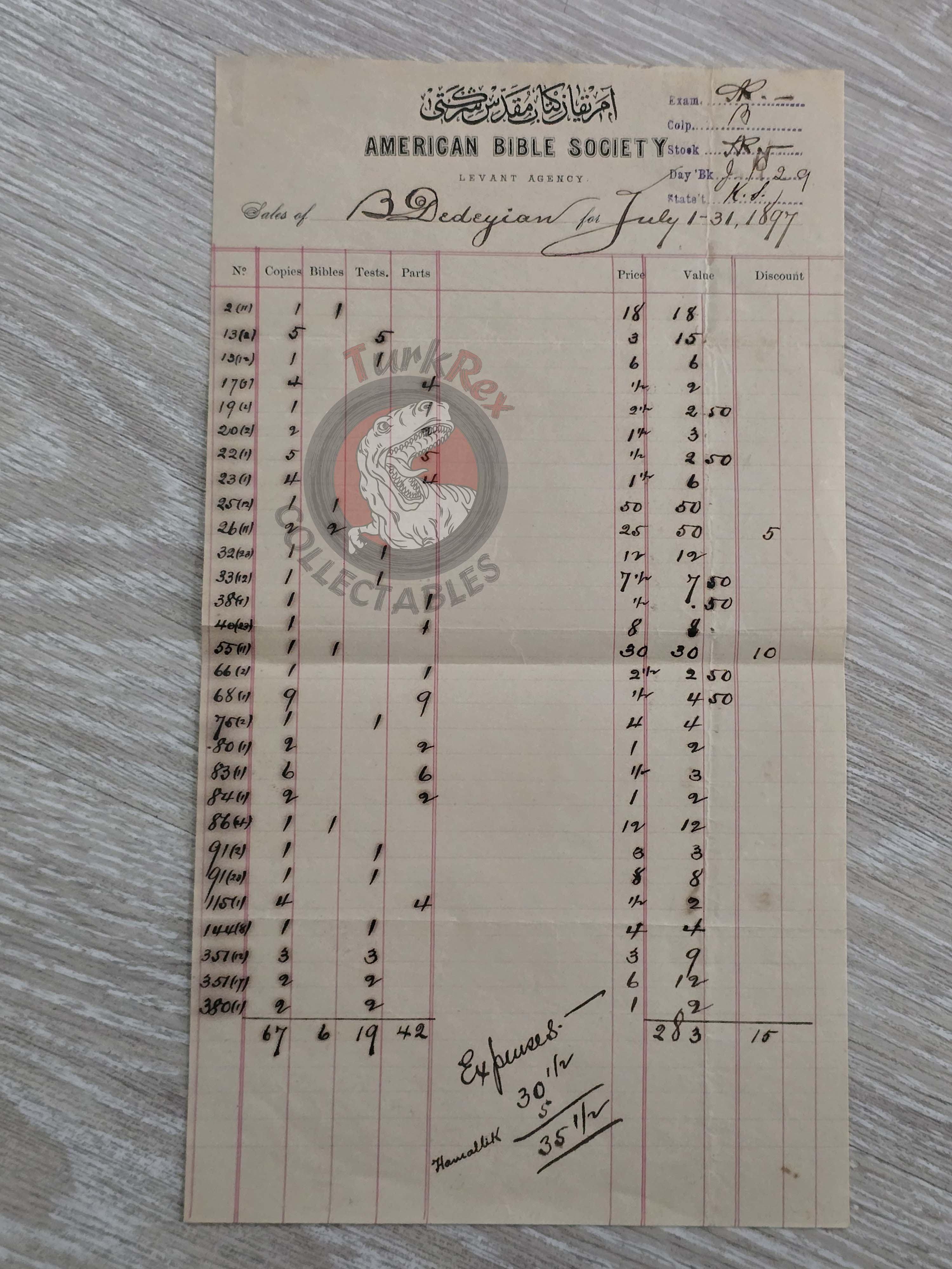American Bible Society 1897 Dedeyan Armenian Book Order Form Ottoman Empire Armenia