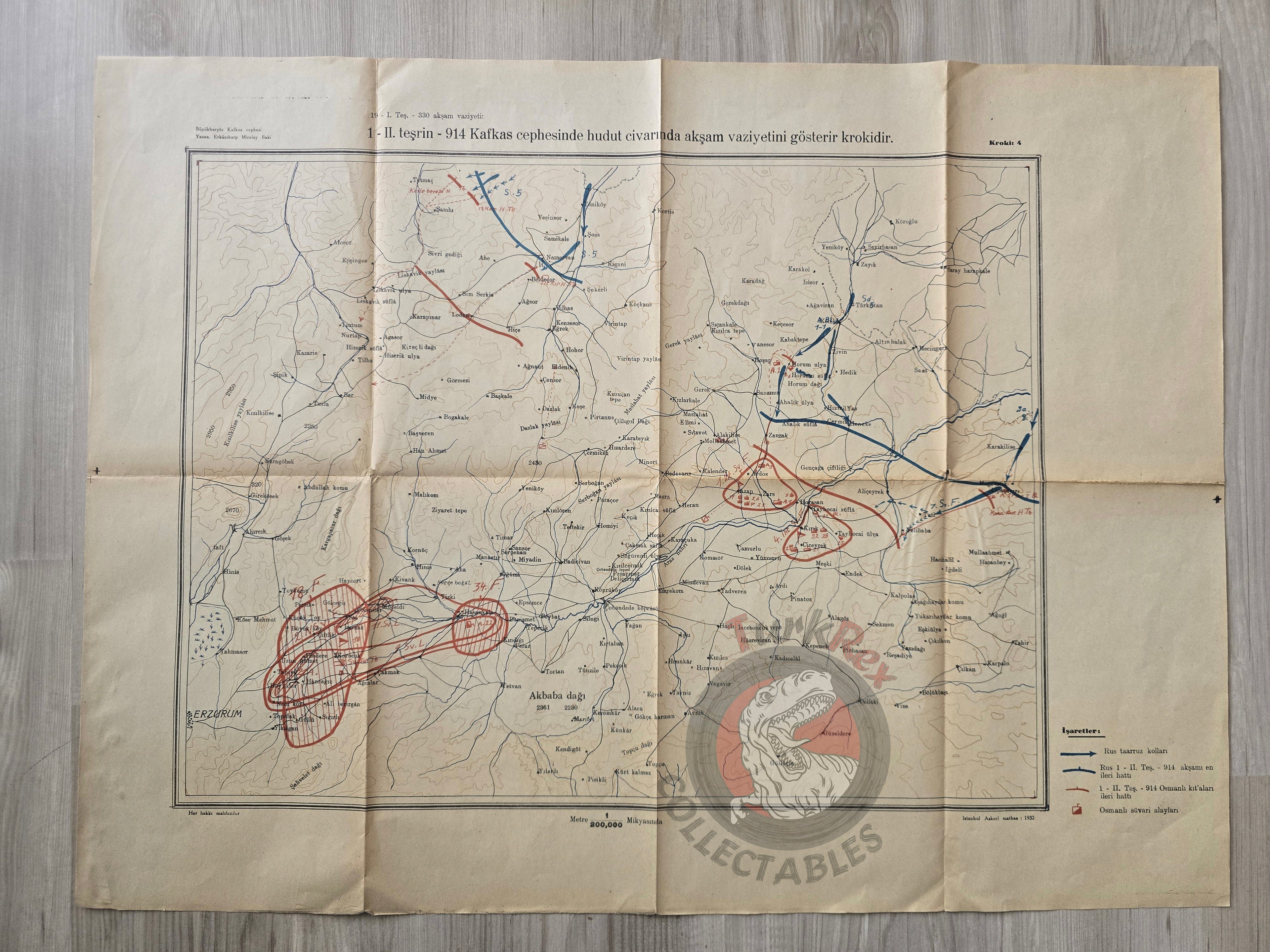 Caucasus Front in WWI November 1914 Ottoman Empire Military Map Russia Turkish 1932 Watermark