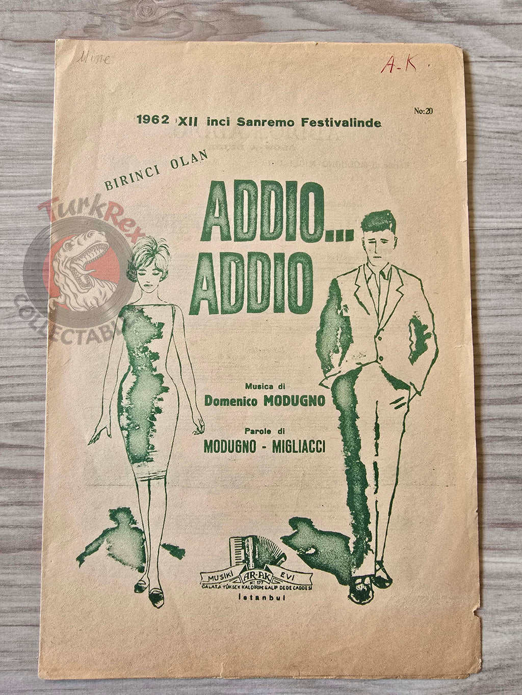 Domenico Modugno – Addio Addio Turkish Vintage Musical Notes Sheet Turkey Sanremo