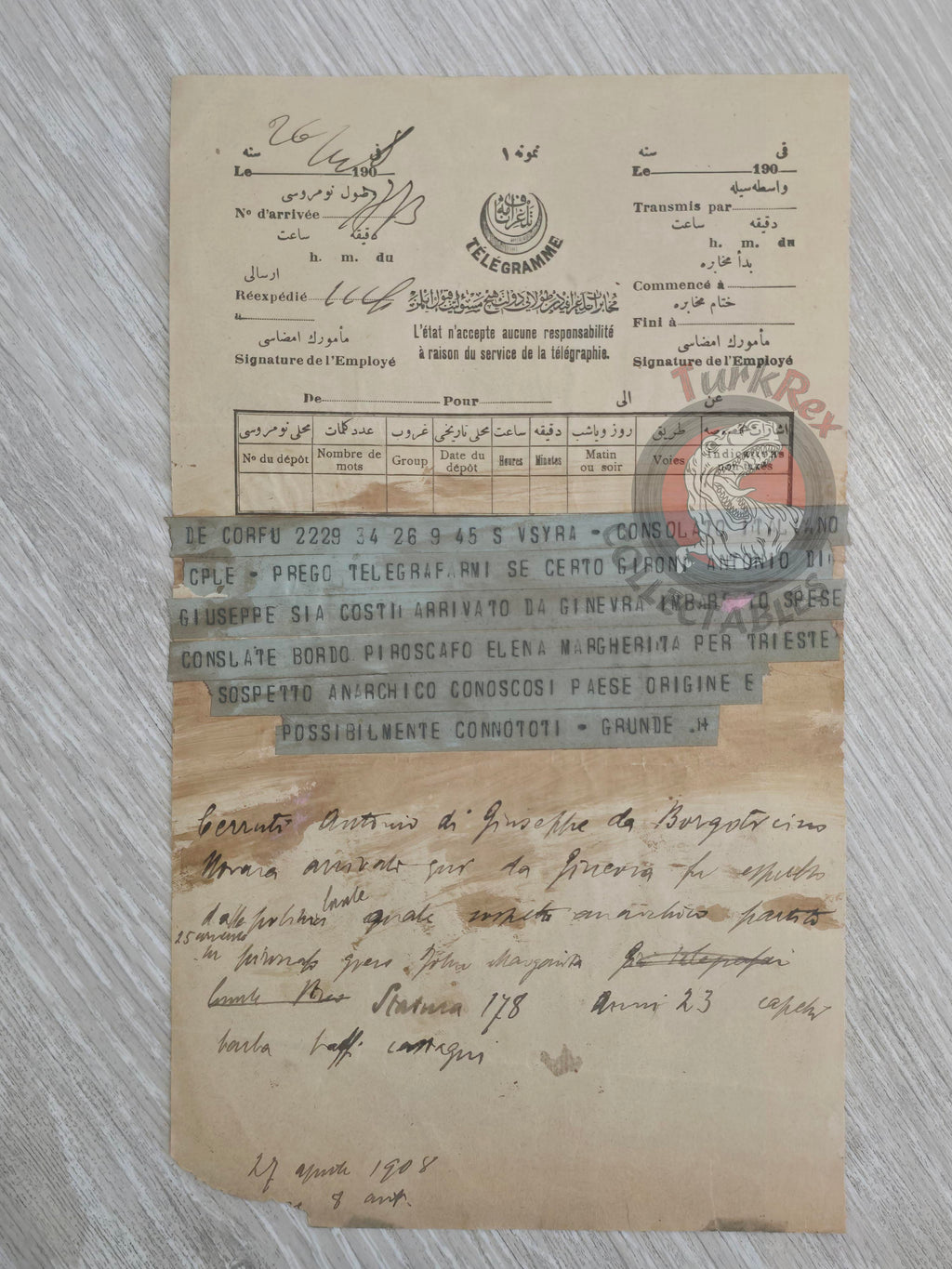 Ottoman 1908 Italian Consular Telegraph Concerning an Anarchist Suspect Corfu Antonio Gironi