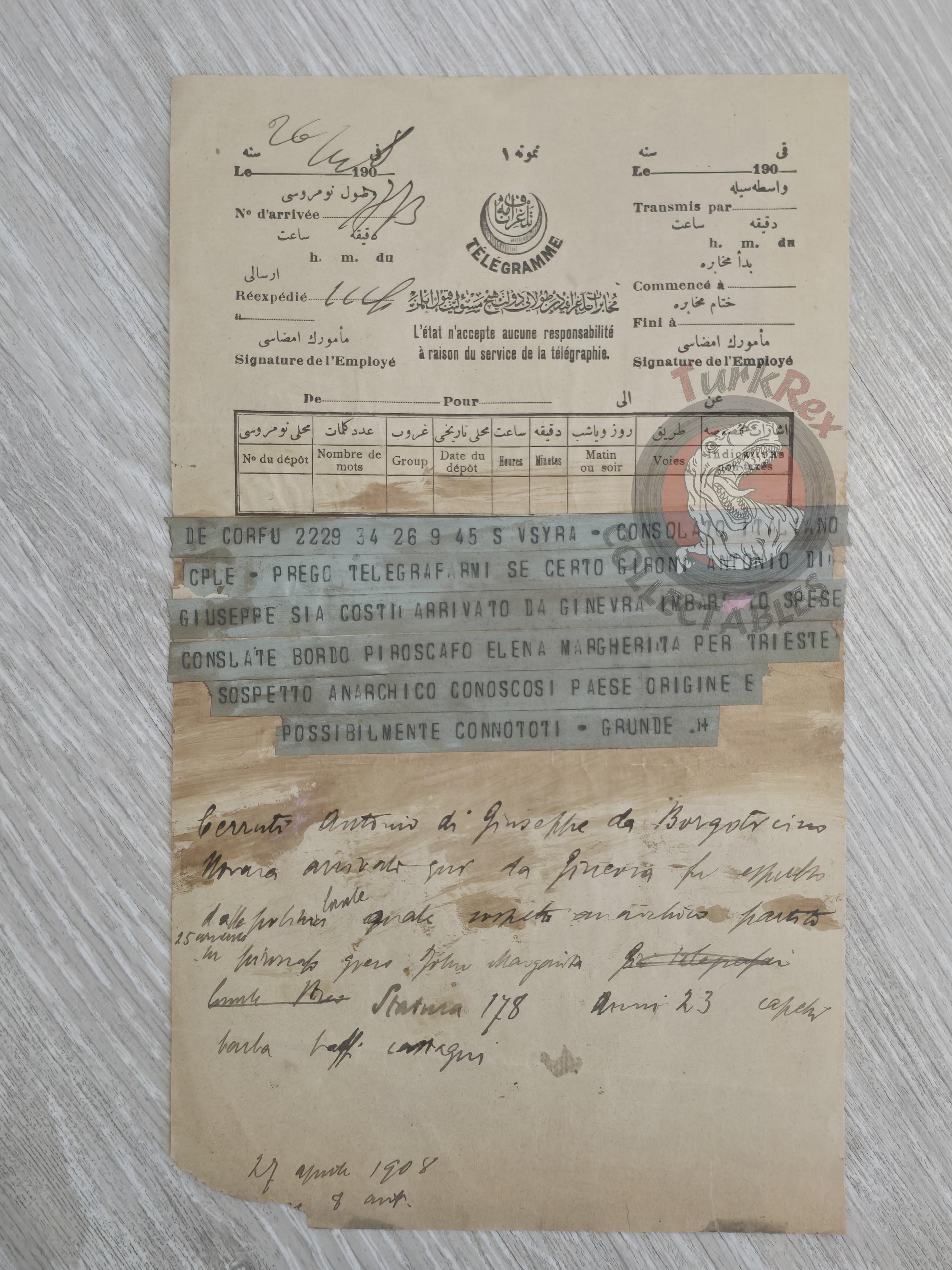 Ottoman 1908 Italian Consular Telegraph Concerning an Anarchist Suspect Corfu Antonio Gironi