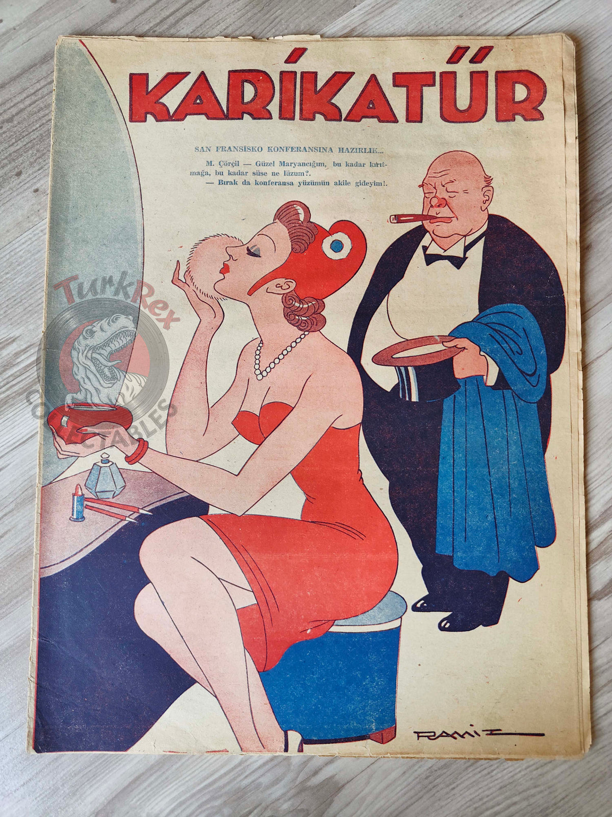 Karikatür 1945 Humor Magazine Turkish Turkey Winston Churchill France WW2 era German San Francisco Conference