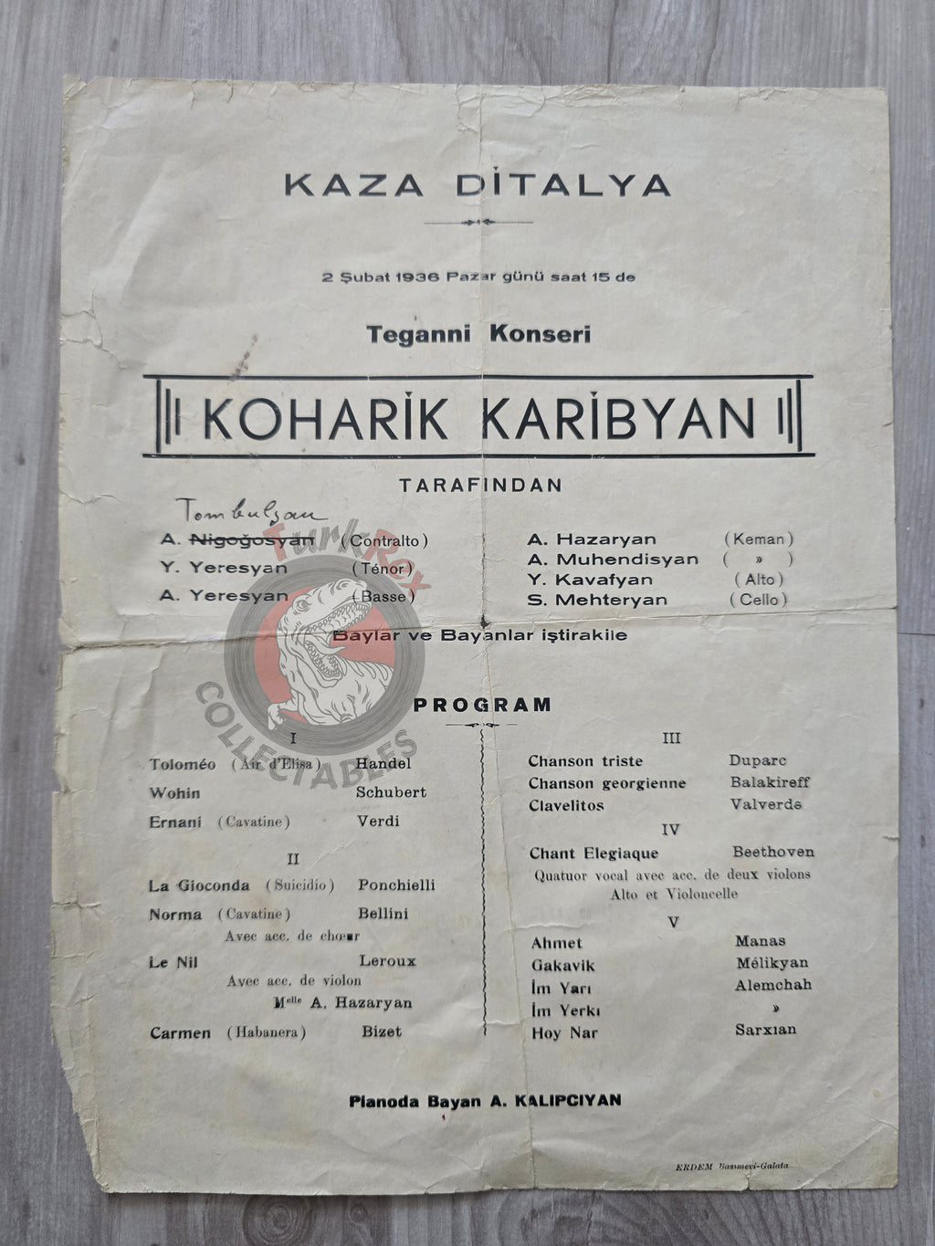 Armenian Musicians 1936 Classical Music Concert Program Casa d’Italia İstanbul Armenia Italy