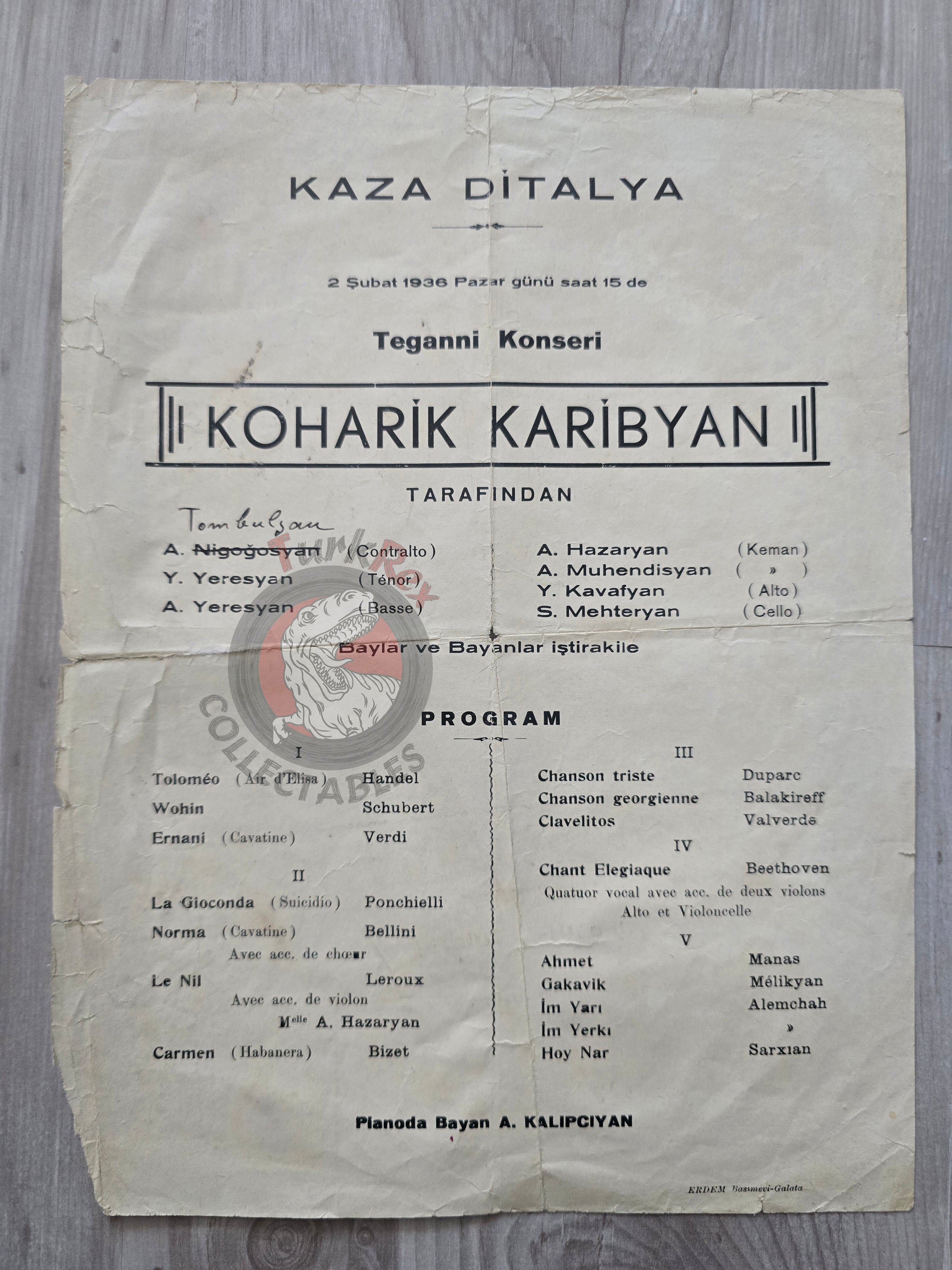 Armenian Musicians 1936 Classical Music Concert Program Casa d’Italia İstanbul Armenia Italy