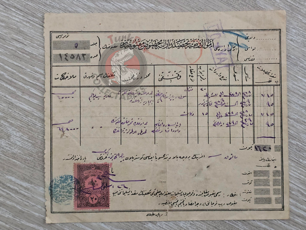 Ottoman 1913 Vakıf Rent Receipt for Two Properties Foundation Waqf Beyoğlu Armenian Citizen Armenia