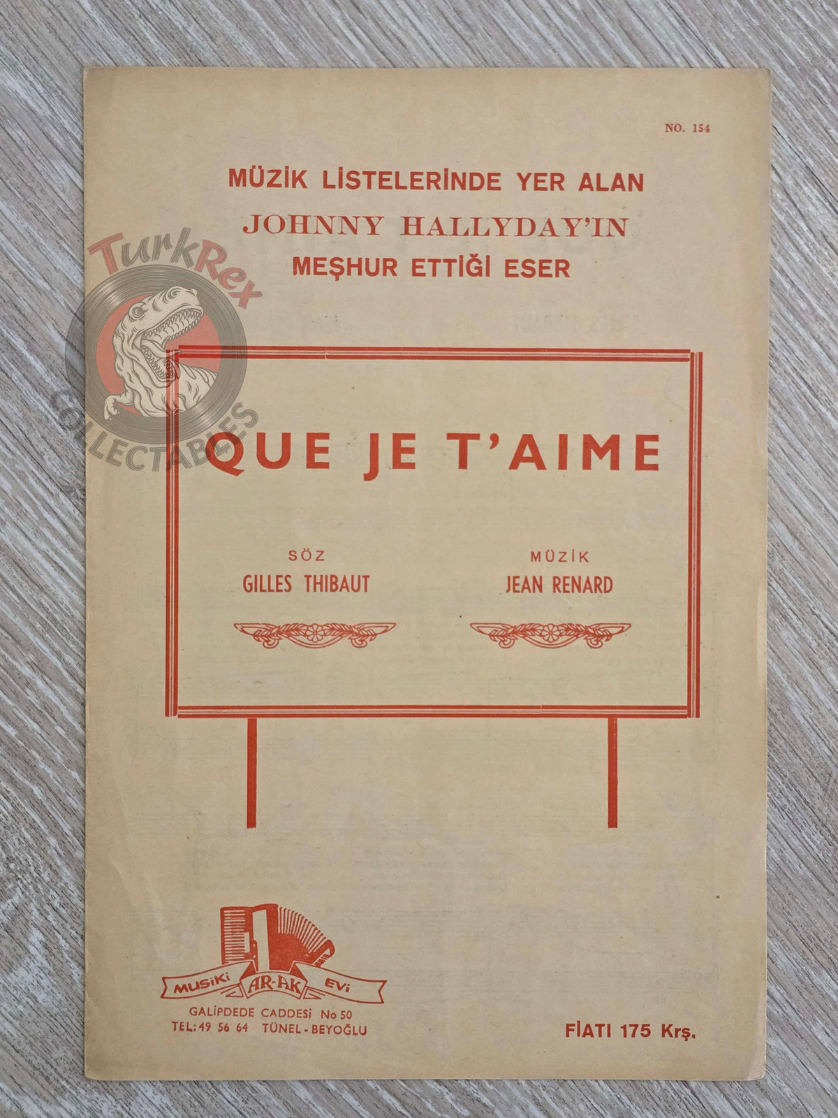 Johnny Hallyday – Que Je T’aime Turkish Vintage Musical Notes Sheet Turkey