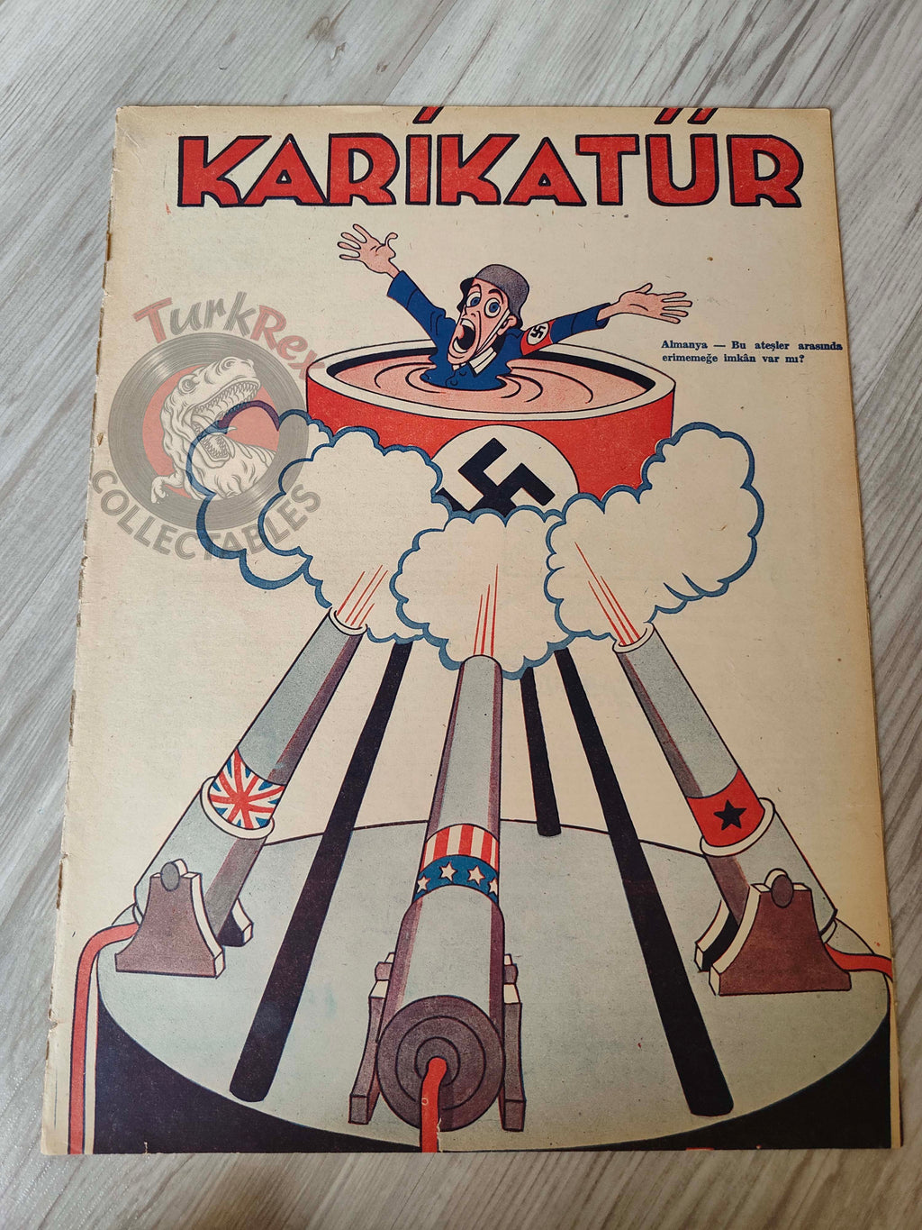 Karikatür 1945 Humor Magazine Turkish Turkey Germany Melts Under Fire WW2 era Japan Uncle Sam