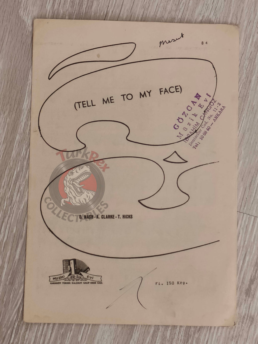 The Hollies – Tell Me to My Face Turkish Vintage Musical Notes Sheet Turkey
