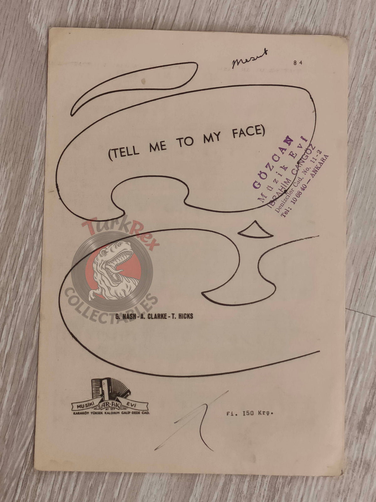 The Hollies – Tell Me to My Face Turkish Vintage Musical Notes Sheet Turkey
