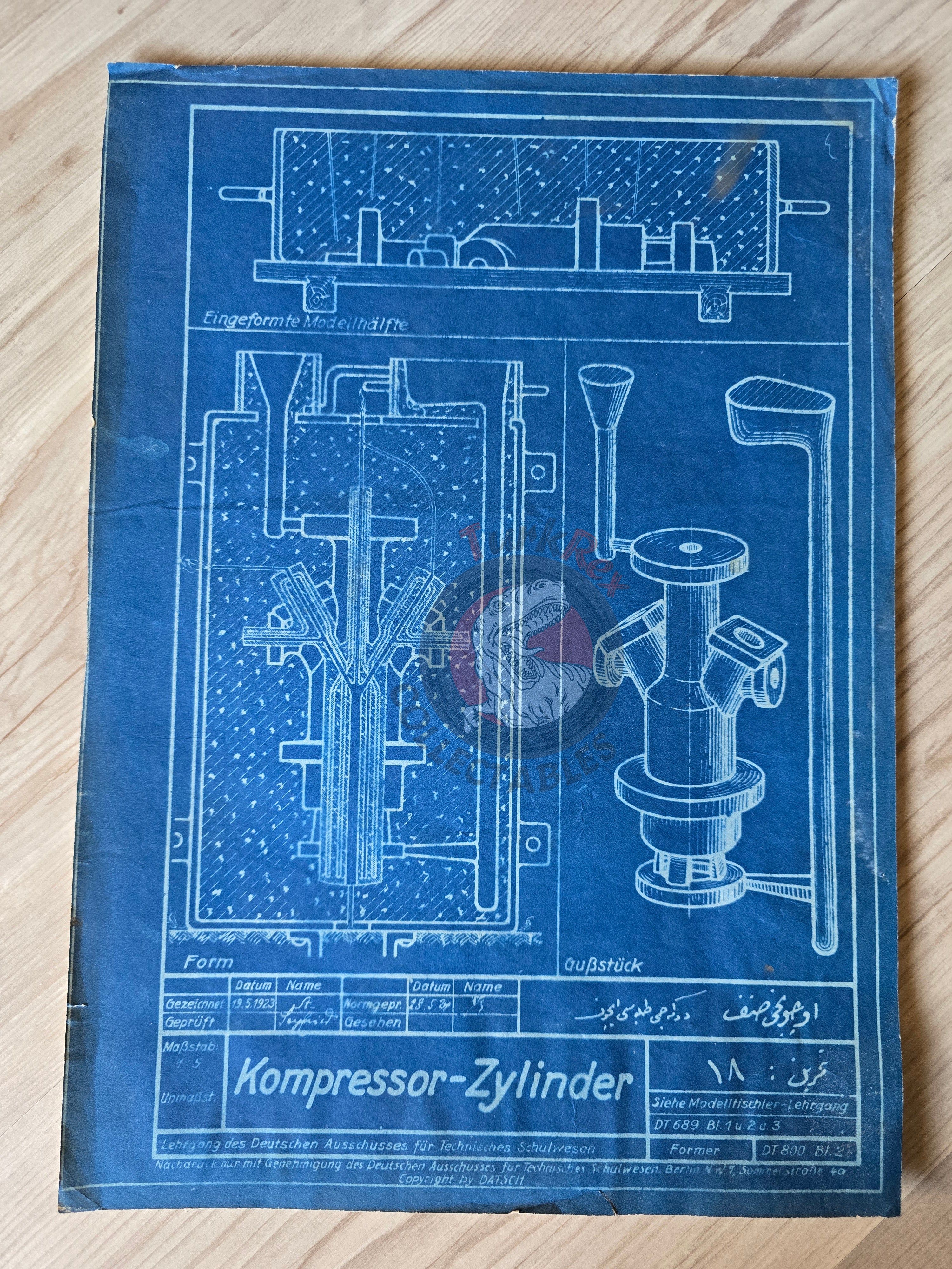 Ottoman German Technical Drawing Blueprint Compressor Cylinder DATSCH 1920s