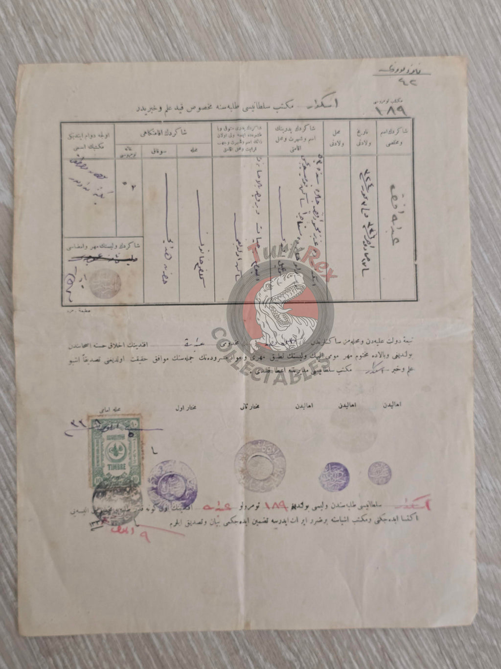 Ottoman 1922 Üsküdar Sultanî School Student Identity and Registration Certificate Istanbul