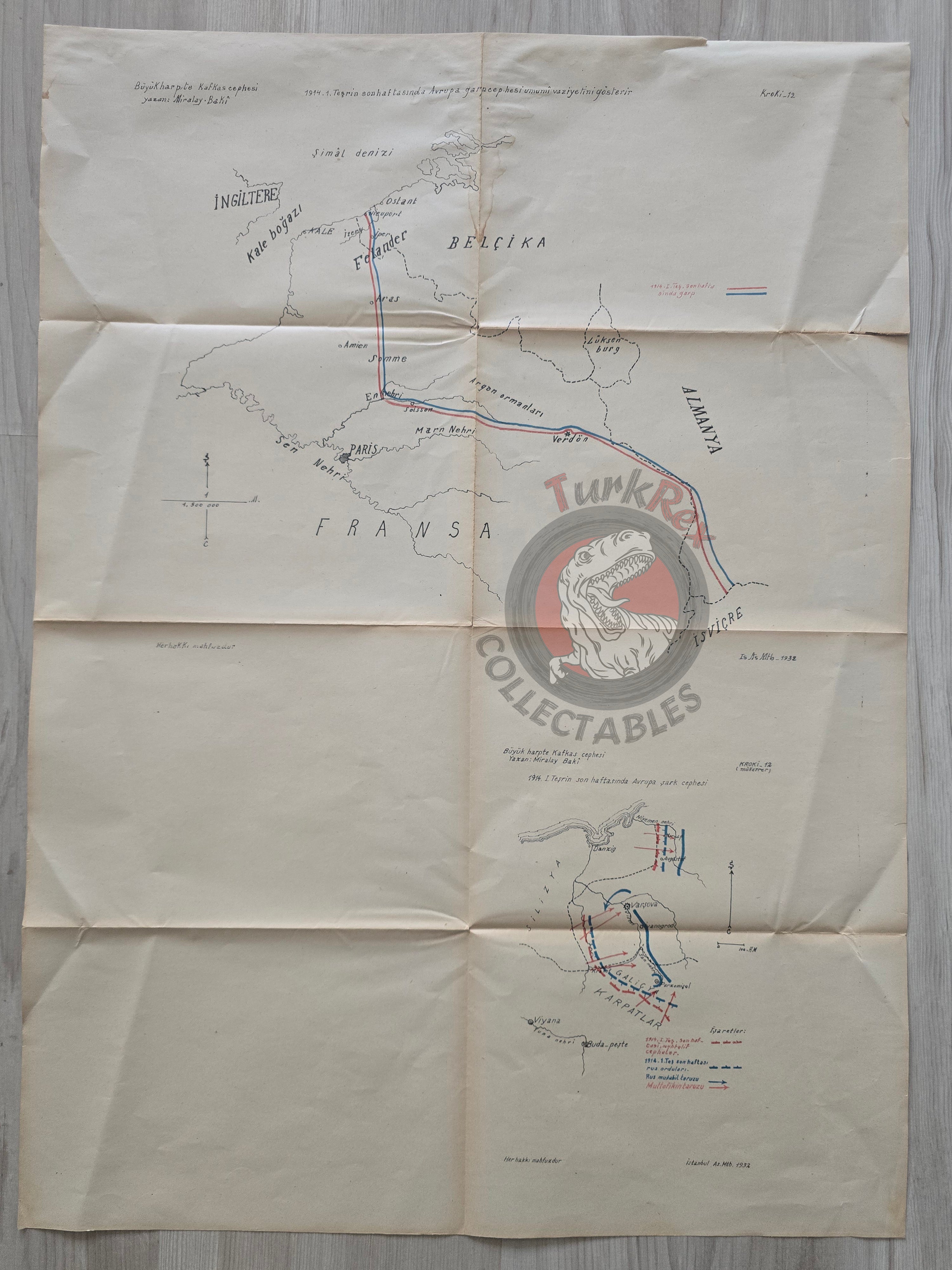 WW1 Western Front 1914 Turkish Military Map 1932 Germany France Belgium
