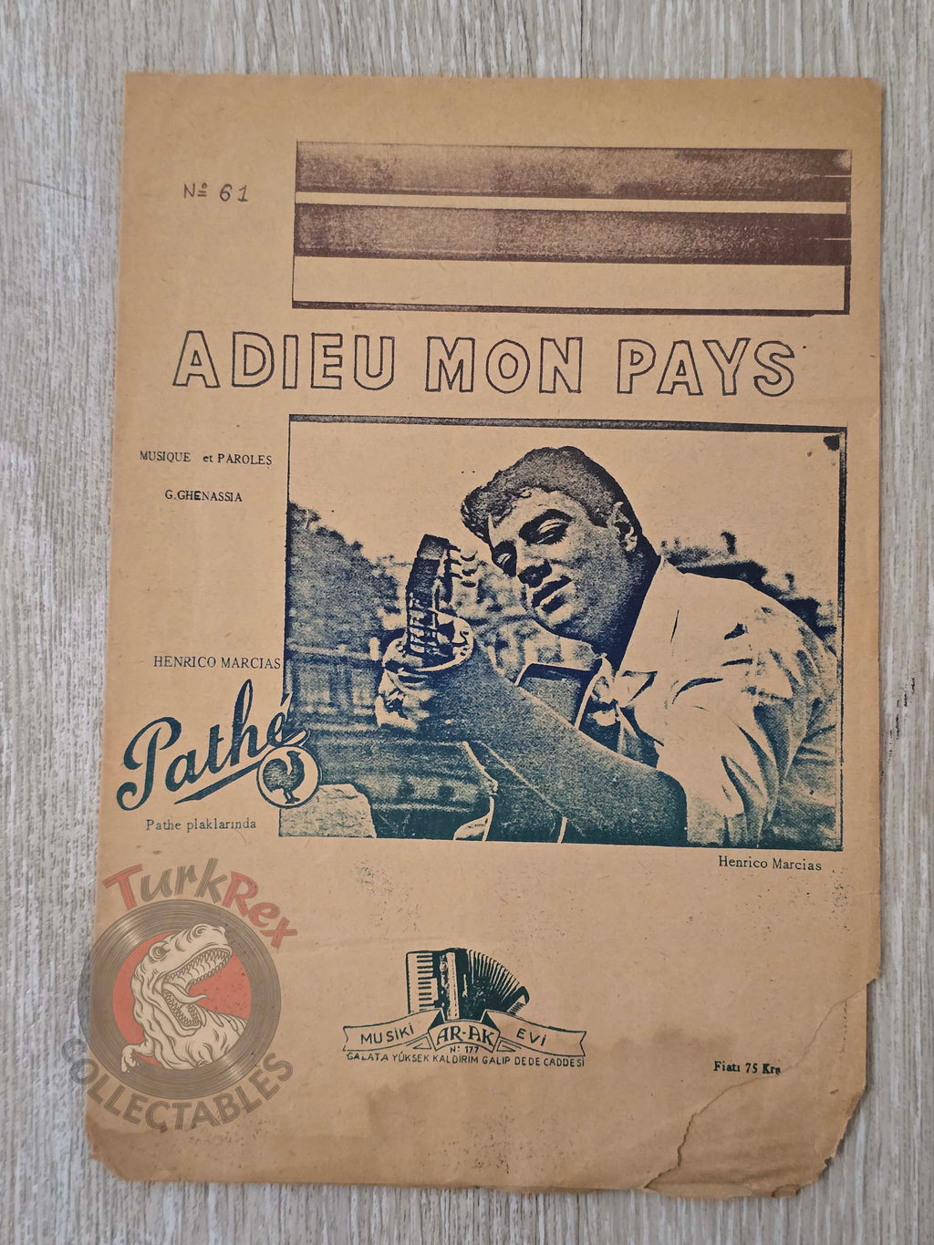 Enrico Macias – Adieu Mon Pays Turkish Vintage Musical Notes Sheet Turkey