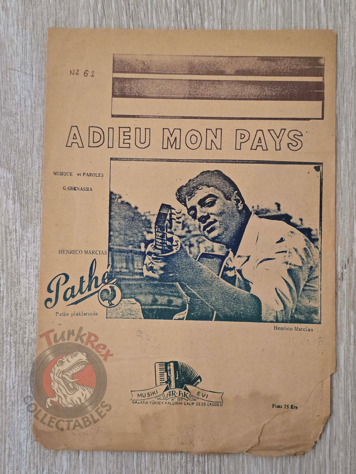Enrico Macias – Adieu Mon Pays Turkish Vintage Musical Notes Sheet Turkey