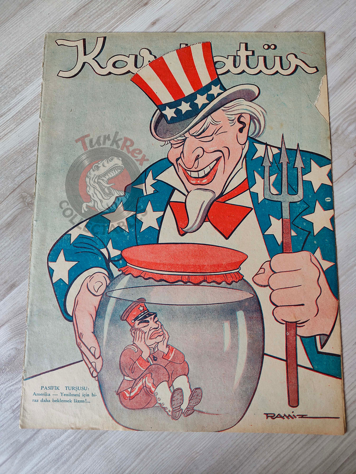 Karikatür 1943 Humor Magazine Turkish Turkey Japan Pacific United States WW2 era Italy Germany Uncle Sam