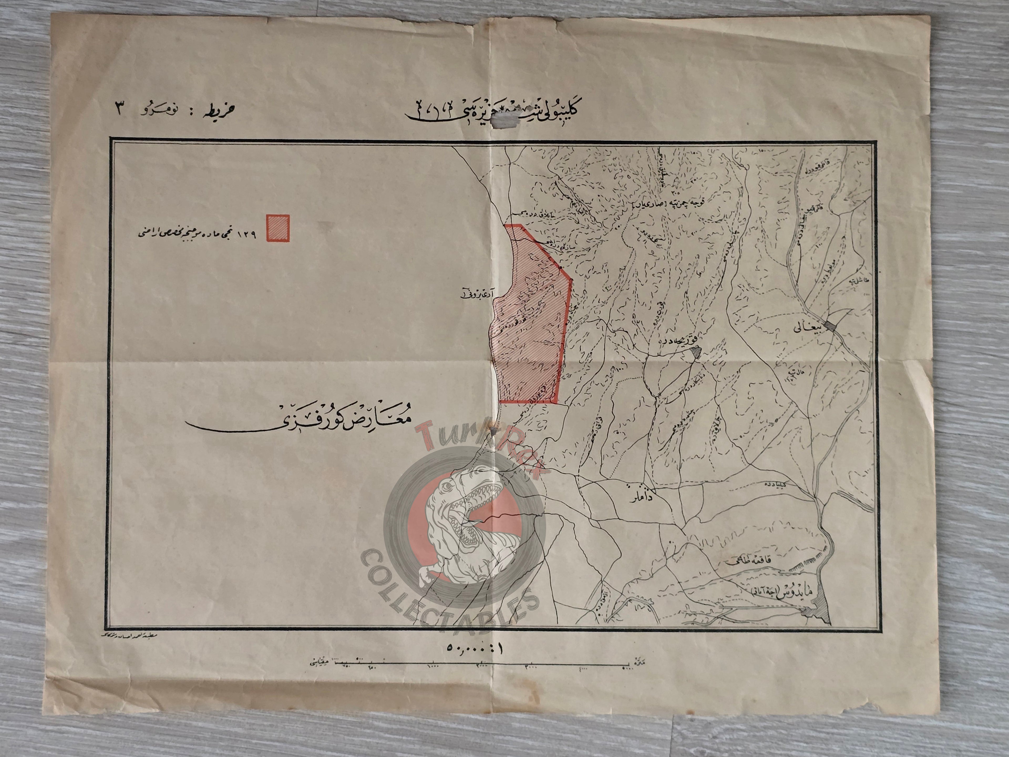 Gallipoli Peninsula Arıburnu WW1 Anzac Treaty of Lausanne Ottoman Script Map 1924