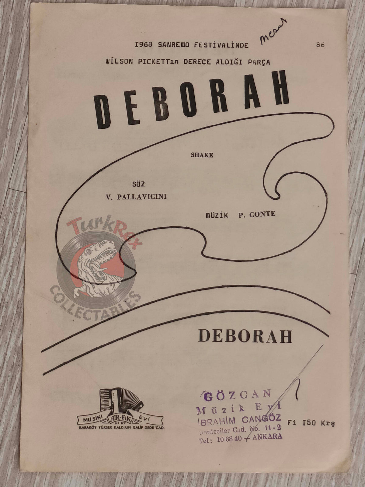 Wilson Pickett – Deborah Turkish Vintage Musical Notes Sheet Turkey Sanremo