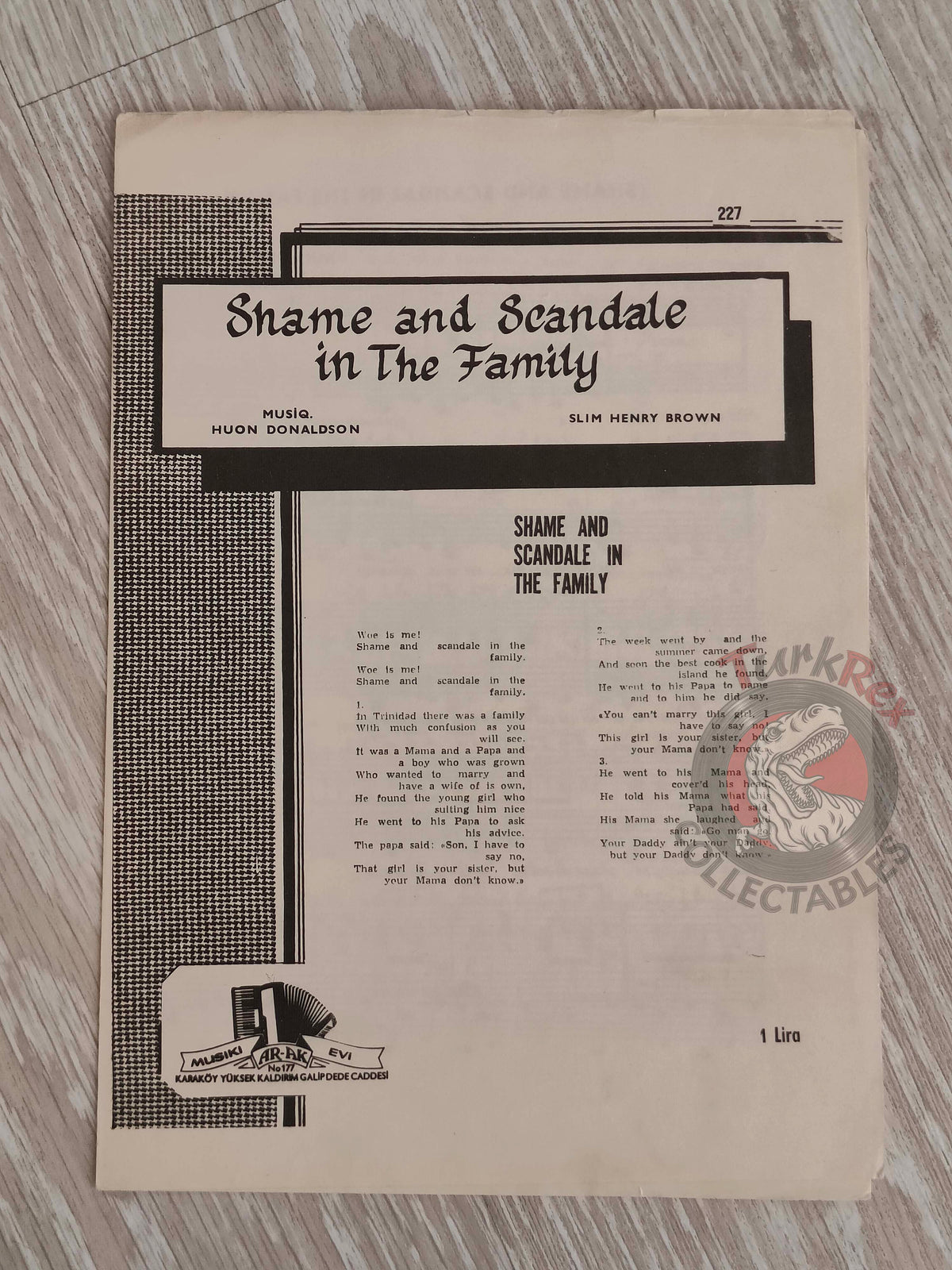 Shawn Elliott – Shame and Scandal in the Family Turkish Vintage Musical Notes Sheet Turkey