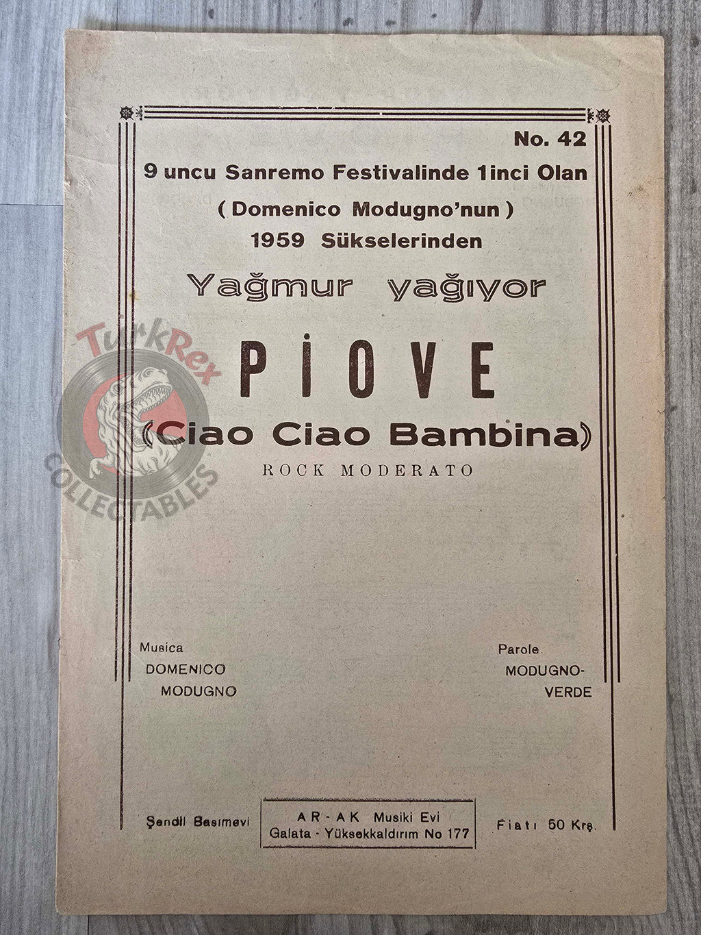 Domenico Modugno – Piove (Ciao Ciao Bambina) Turkish Vintage Musical Notes Sheet Turkey