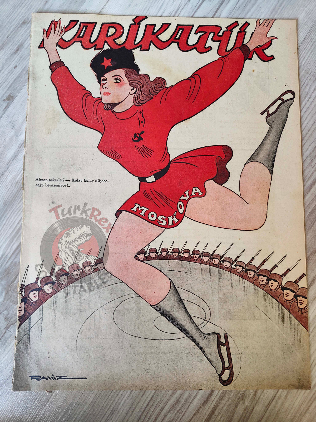 Karikatür 1941 Humor Magazine Turkish Turkey Moscow on Ice German Soldier WW2 era Russia Mussolini USA